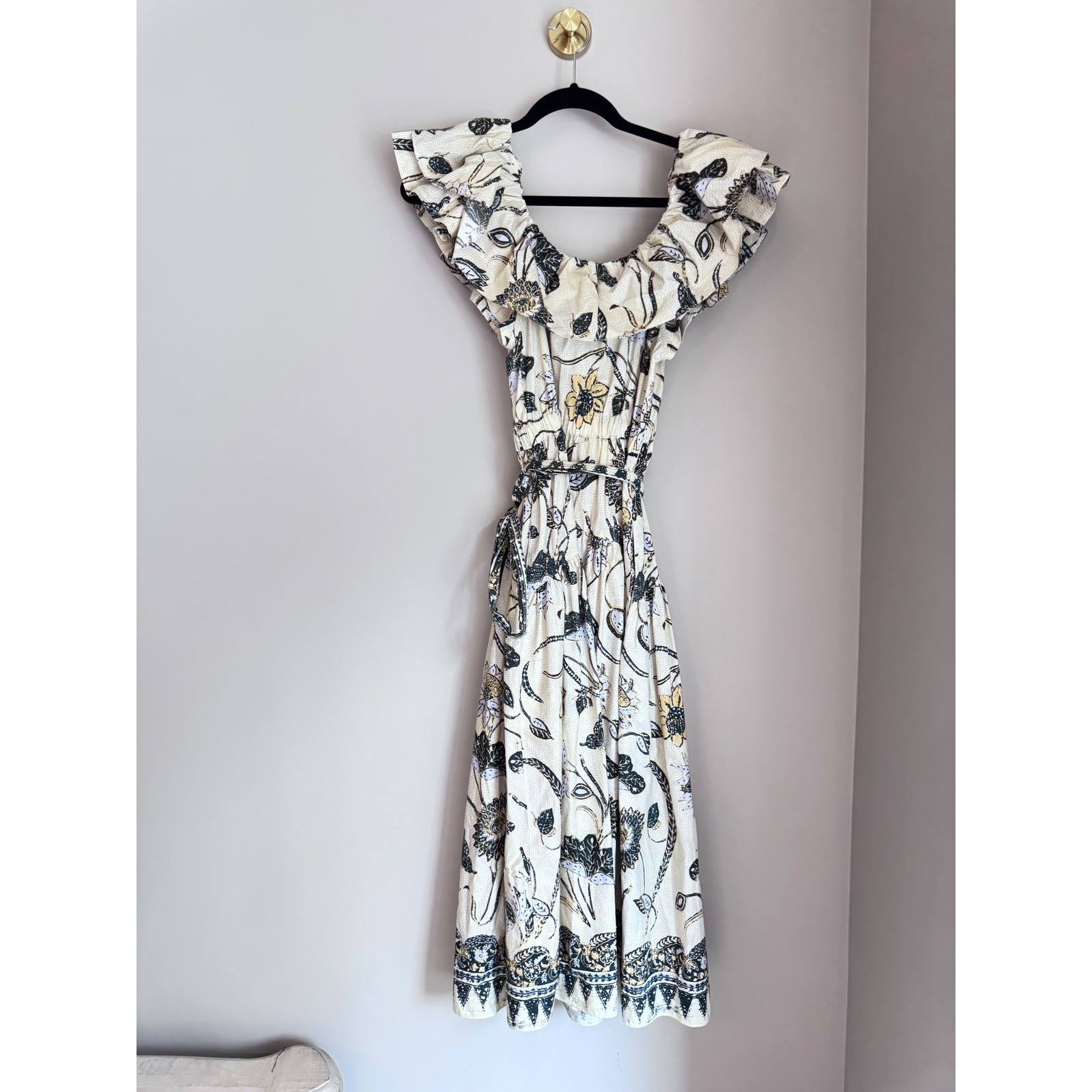 Ulla Johnson Floral Cotton Midi Dress Cream Black Yellow Size 6 coquette Summer