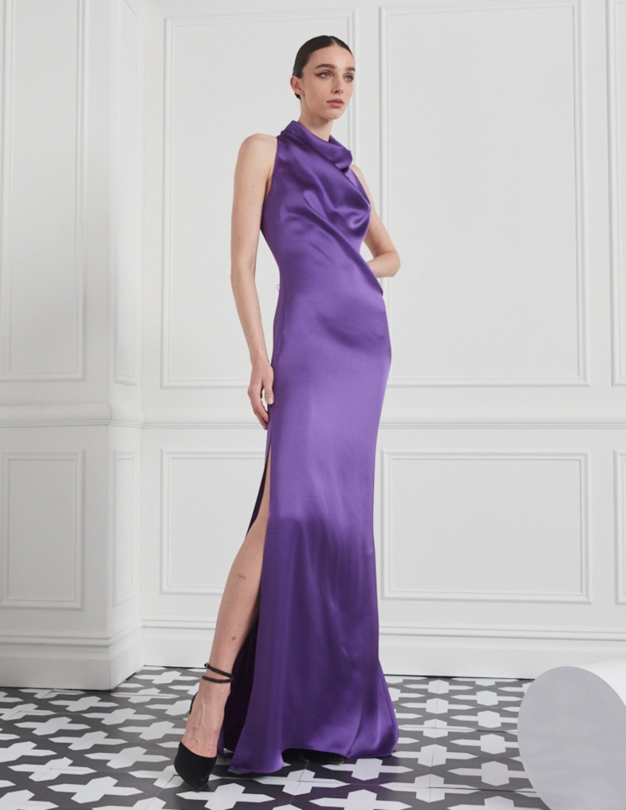 BADGLEY MISCHKA Draped Satin Gown Cowl Neck Purple sz 8 , 10, 12 Day-Dinner Gala