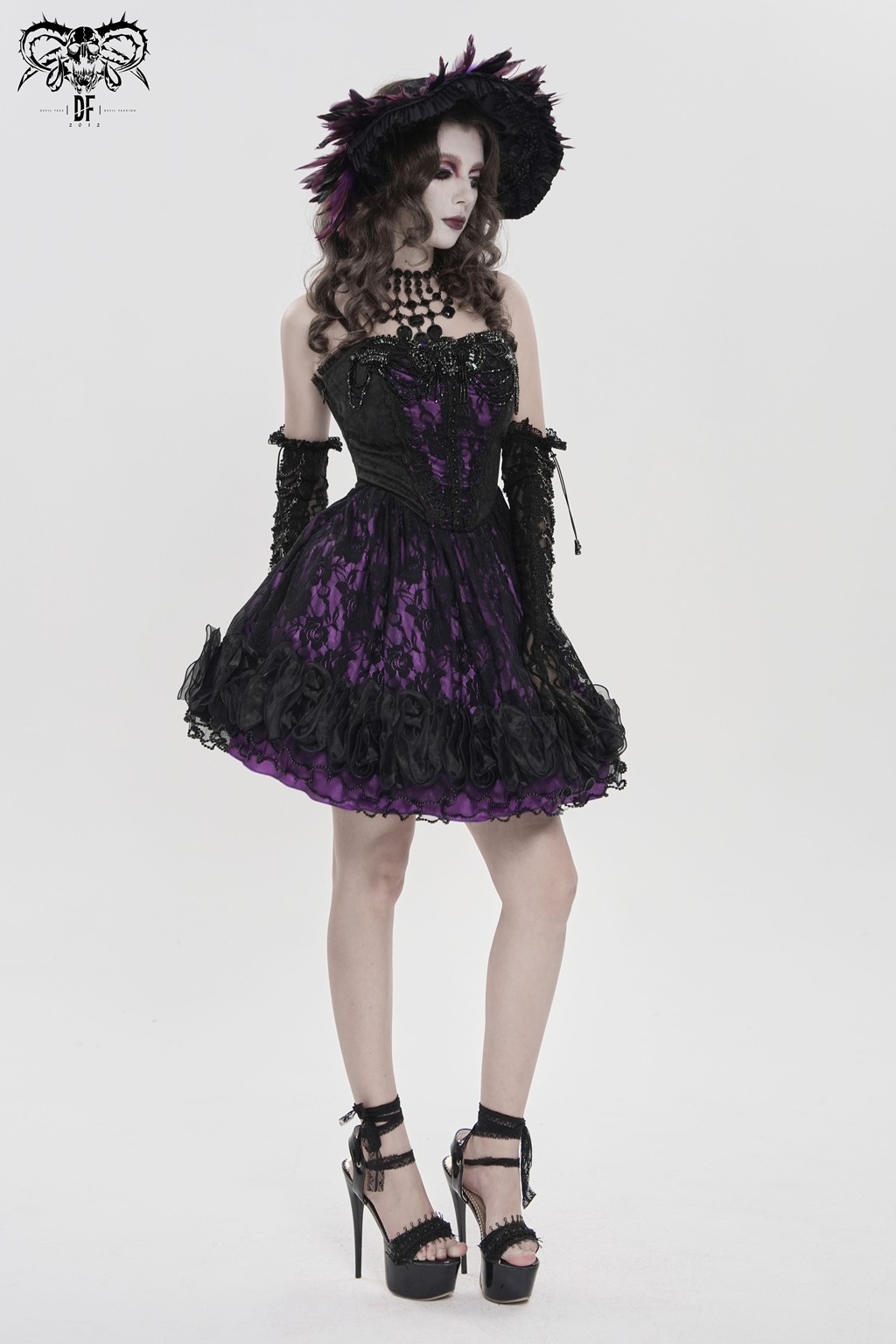 Devil Fashion Women Goth Victorian Beaded Floral Lace Corset Short Lace-Up Dress