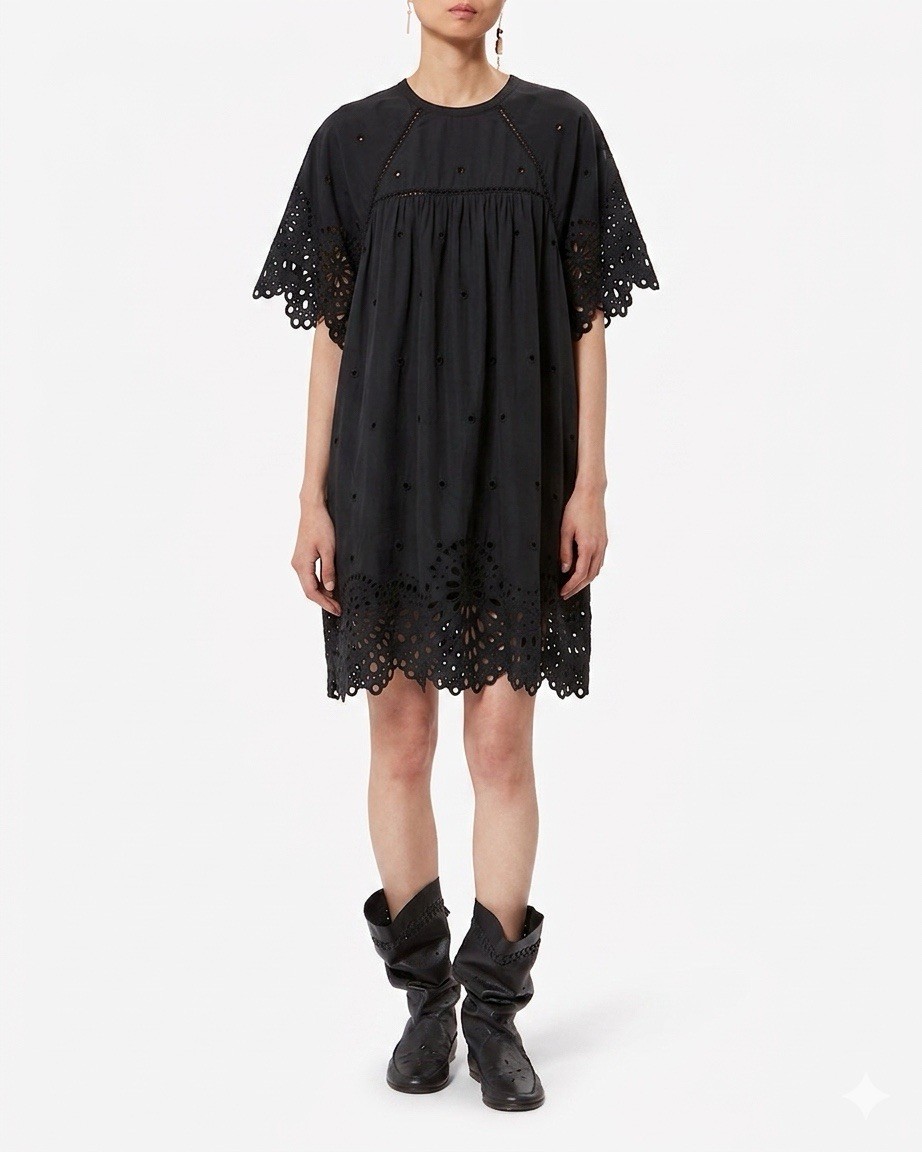 Isabel Marant N°1501 Black Cotton Silk Eyelet Boho Mini Dress Tunic FR 38 US 6