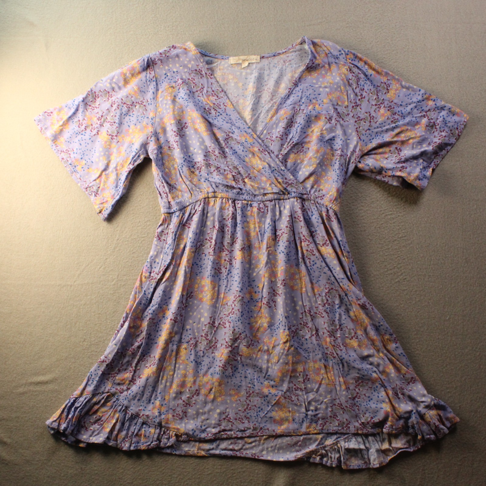 Rewind Floral Mini Dress Womens Large Purple Boho Wrap Style Ruffle Cottagecore