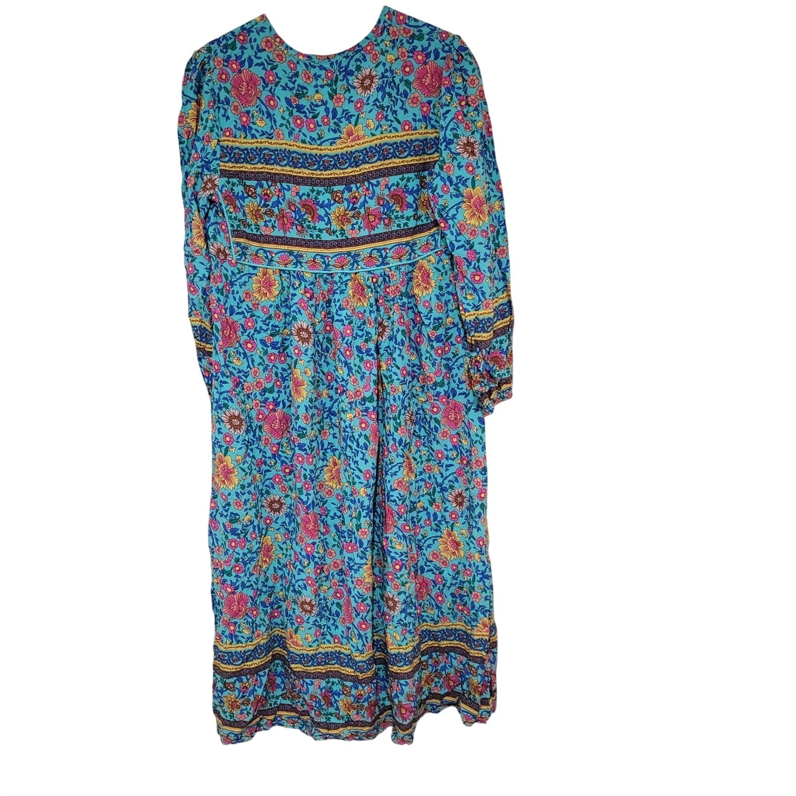 R Vivimos Turquoise Prarie Floral Print Maxi Dress boho Hippie Cottagecore Sz S