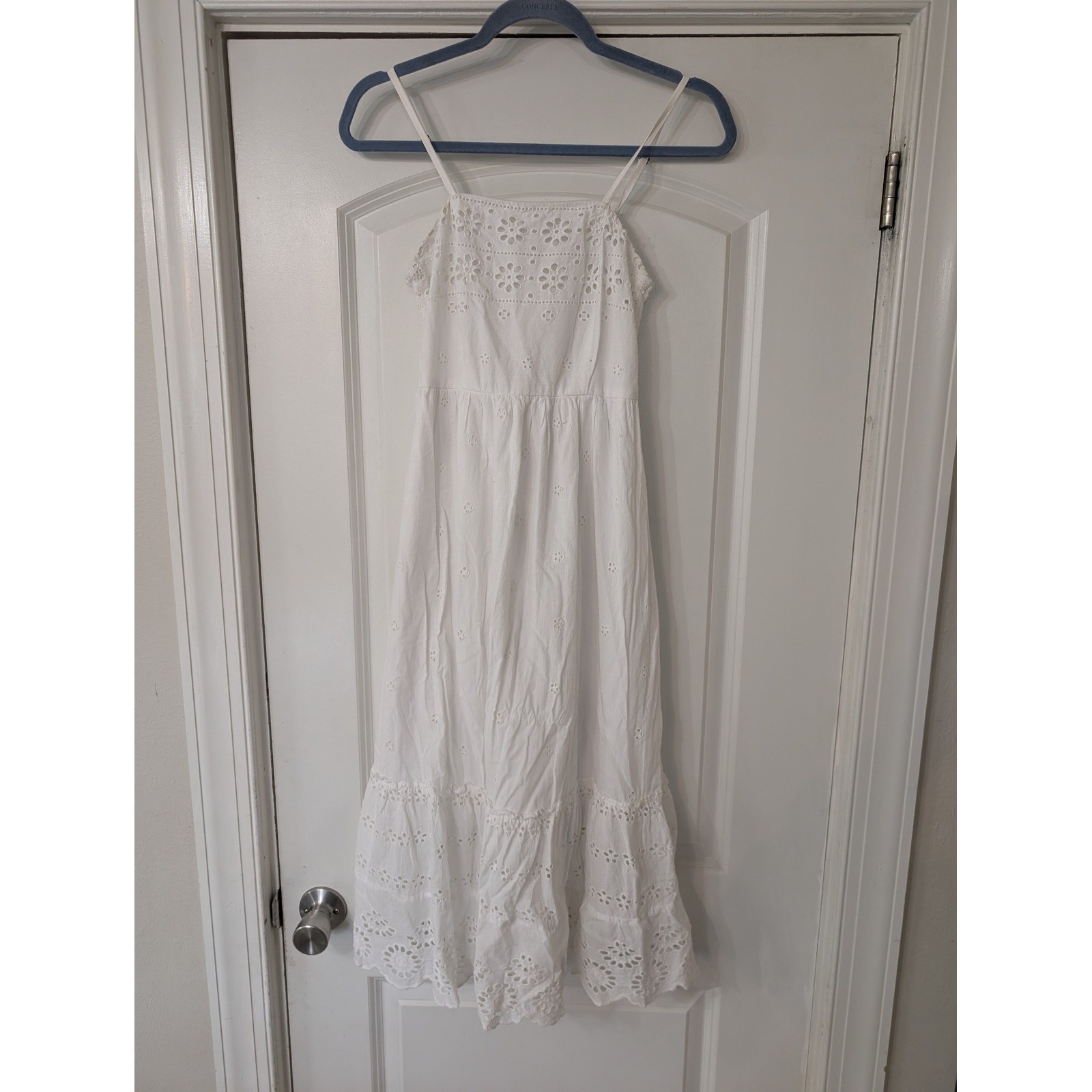Japna Womens White Cotton Eyelet Tiered Midi Dress Smocked Small Boho Floral