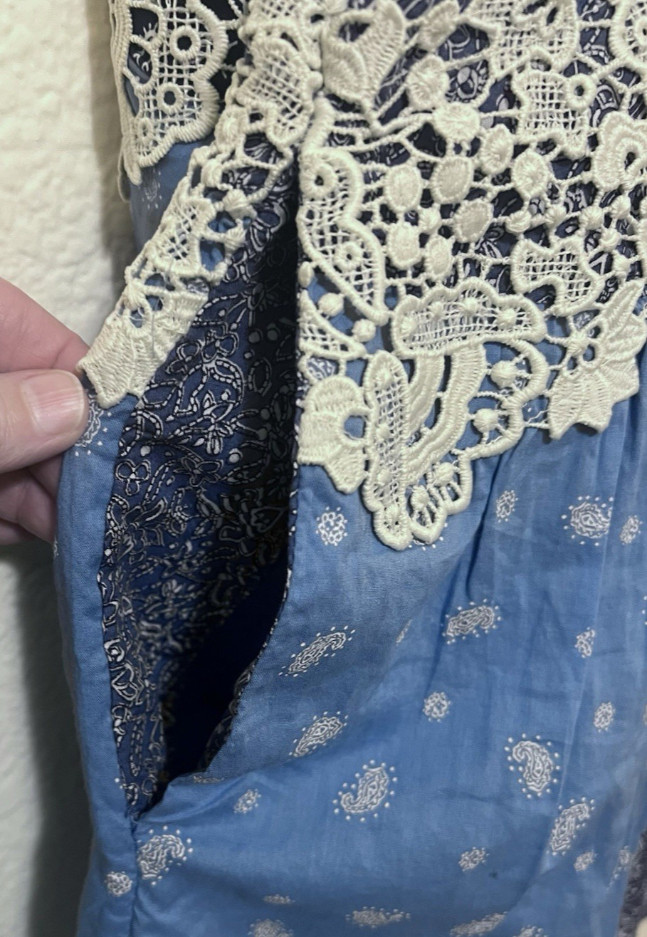 LOFT Precious Sapphire Lace Paisley Tie Mini Pocket Dress Patchwork Boho LP NWT