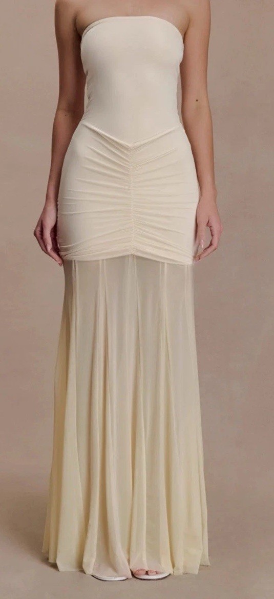 MESHKI Beige Strapless Ruched Stretch Mesh Maxi Dress Formal XS