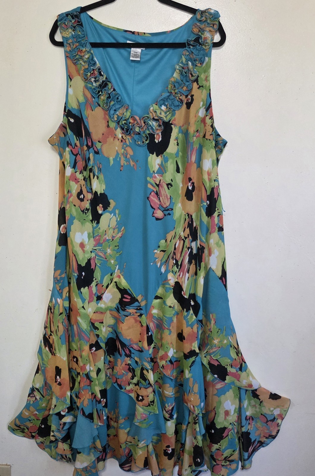 Amanda Lane Floral Tropical Dress 24W Flowy Sheer Chiffon Lined Turquoise Orange