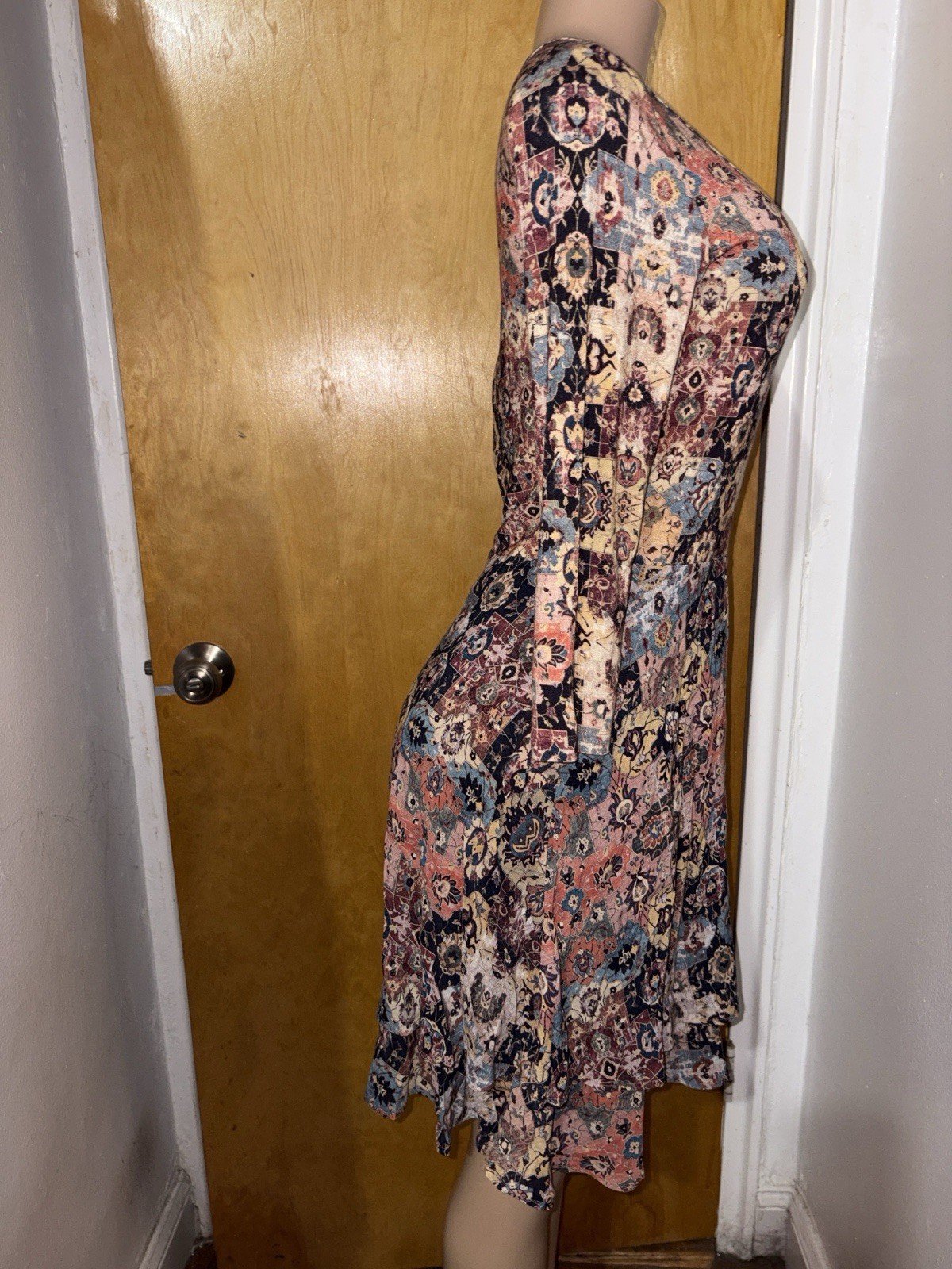Peruvian Connection Multi Floral Patchwork Scoop Neck Long Sleeve Dress