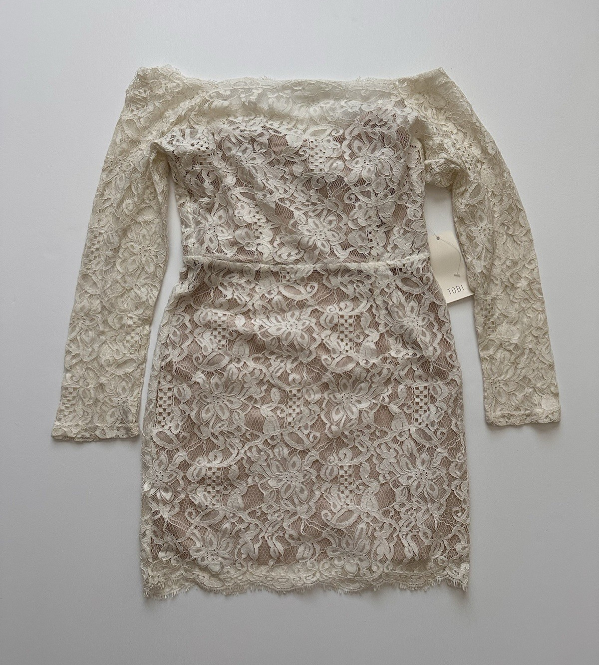 TOBI Ivory Floral Lace Off Shoulder Long Sleeve Lined Sheath Mini Dress M
