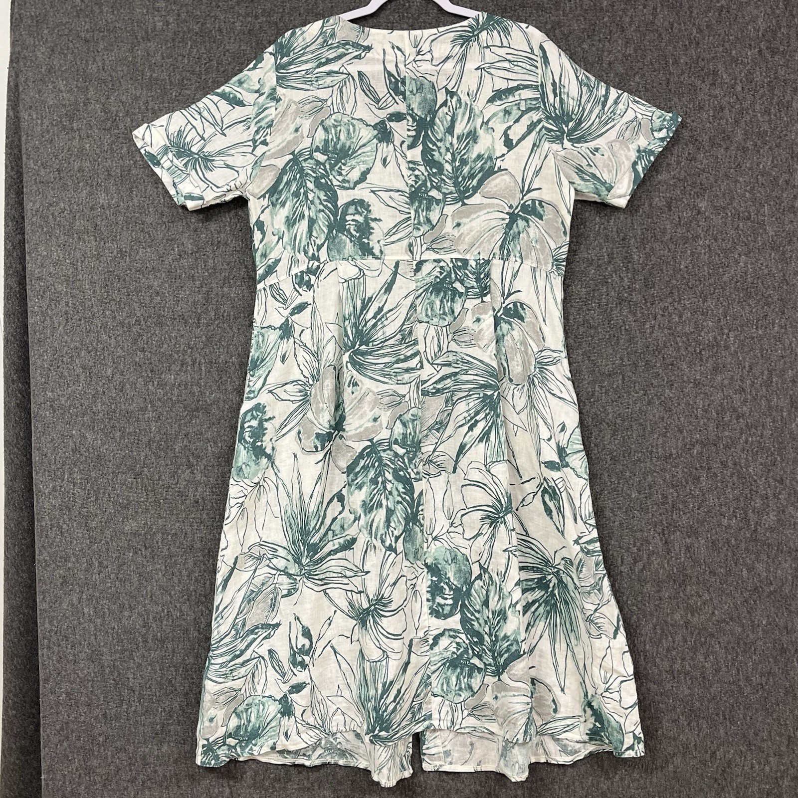 Woolovers Dress Womens 10 Green Beige 100% Linen Lagenlook Boho Beach Floral