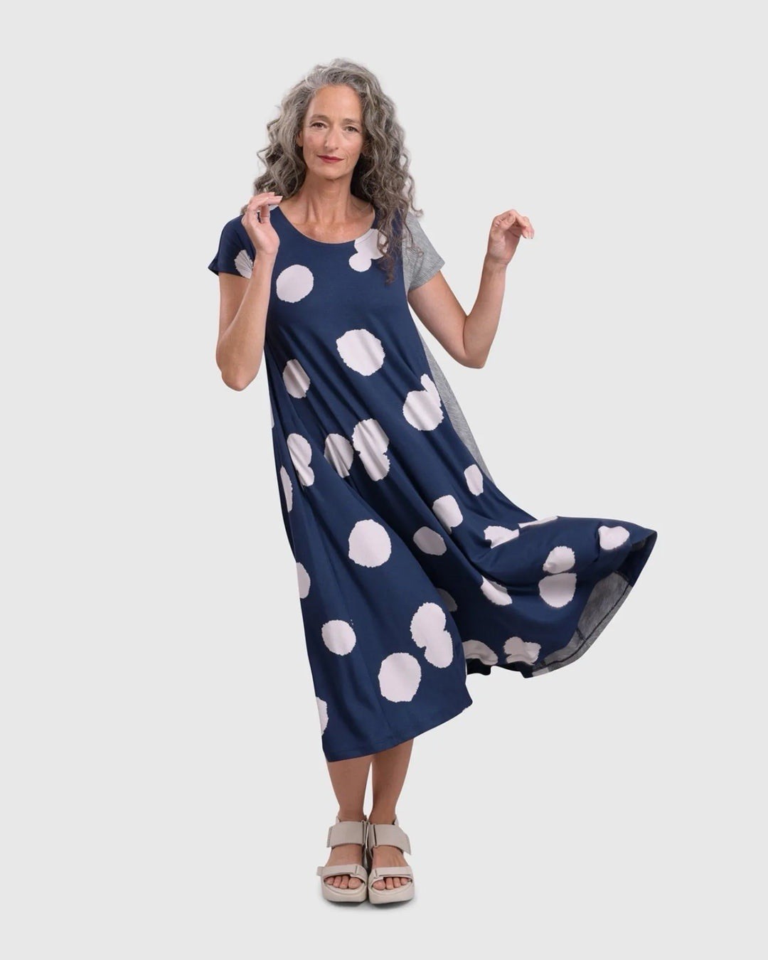 Alembika Navy Polka Dot Soft Trapeze Dress Size 6 Artsy Lagenlook Midi Pockets