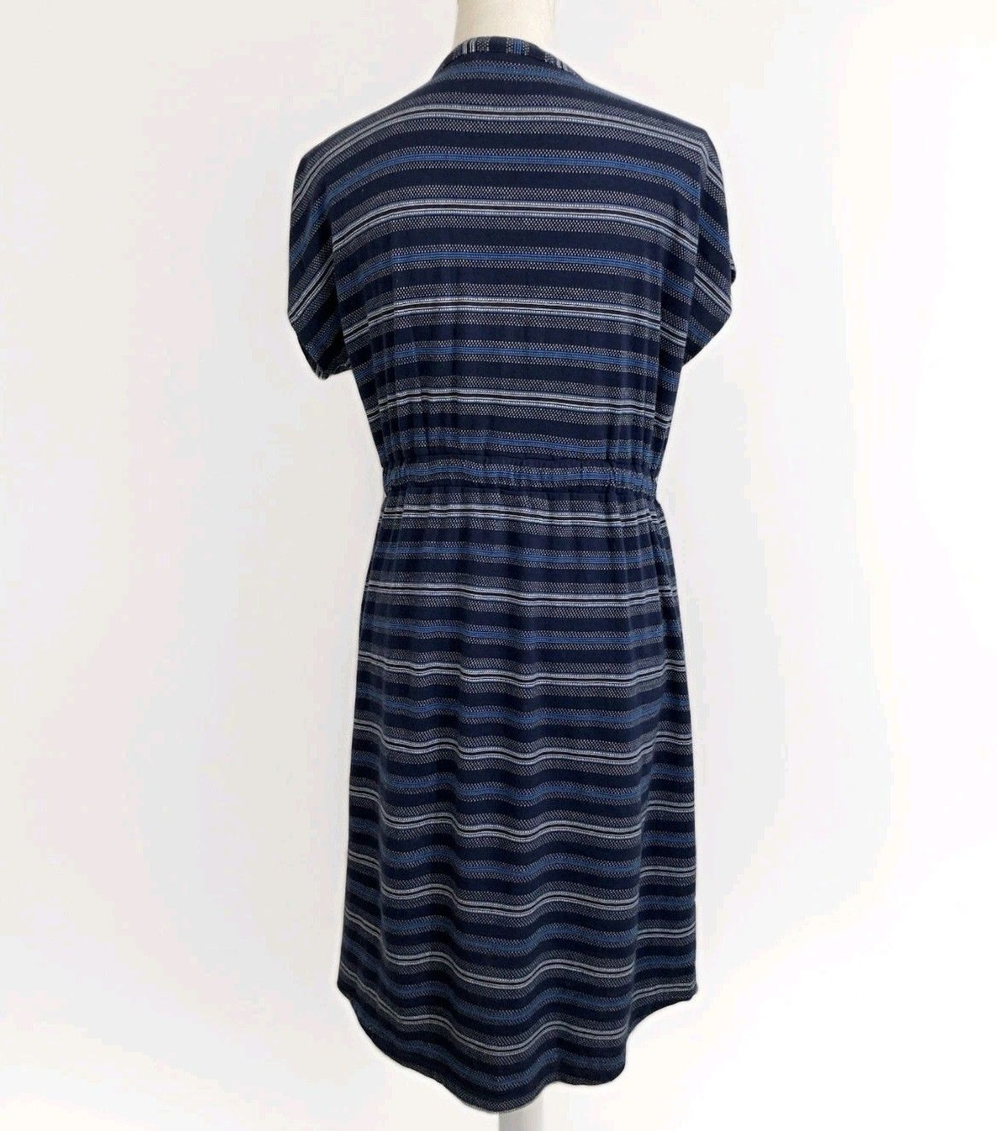 Eddie Bauer Dress Womens M Blue Stripe V Neck Cap Sleeve Pockets Cotton