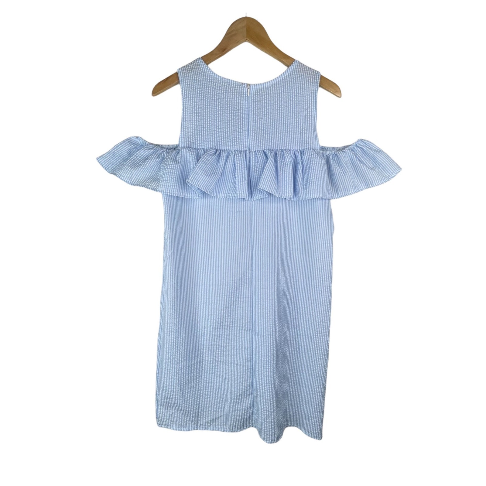 Seersucker Sun Dress Size Small Cold Shoulder Stripe Ruffle Blue White Blend