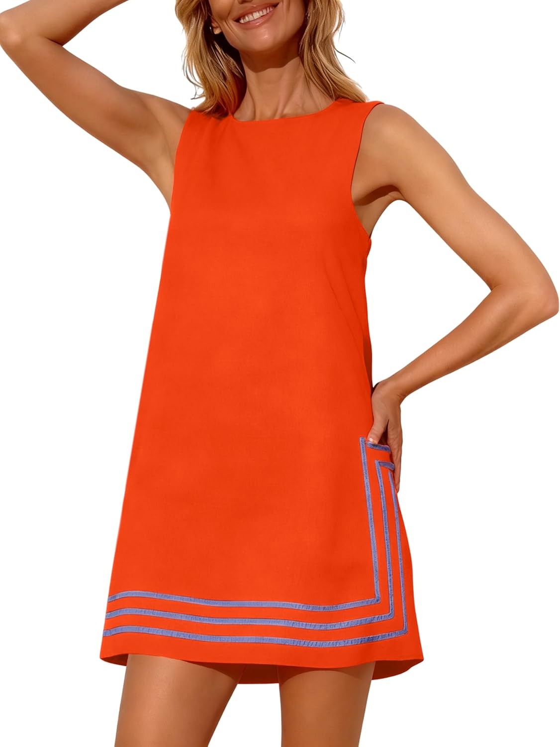 Womens Summer Boho A-Line Mini Dress Sleeveless Sundress Color Block Beach Cover