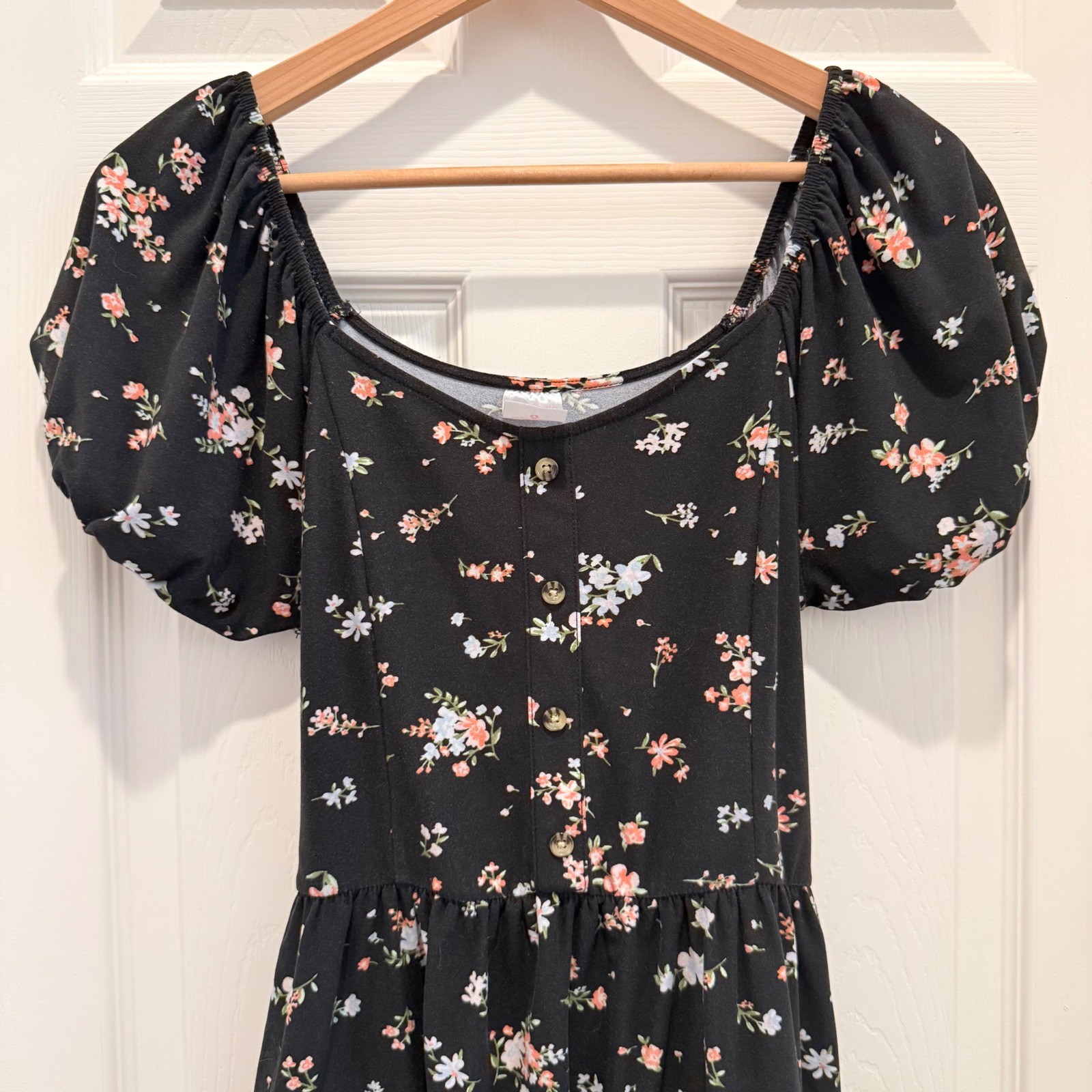 Black Floral Puff Sleeve Button Front High Low Tie Waist Dress Womens Large
