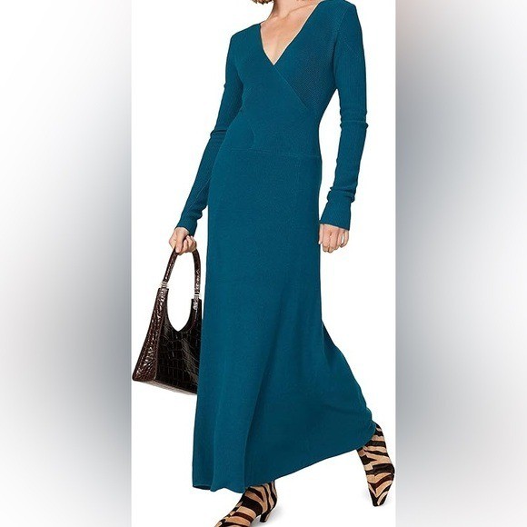 Tome Collective Teal Merino Wool Blend Ribbed Knit Wrap V-Neck Maxi Dress L