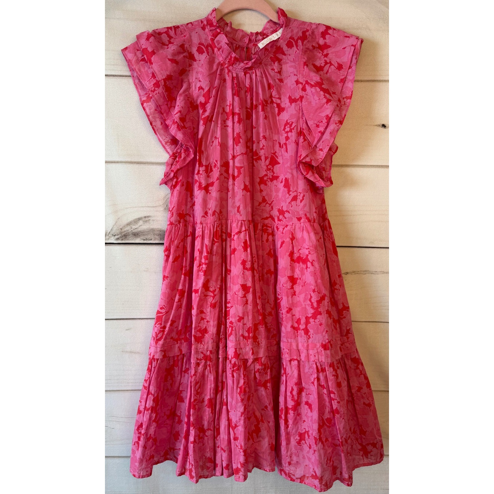 Karlie Pink Red Floral Tiered Flutter Sleeve Mini Dress K2104-144LDH-C Womens L