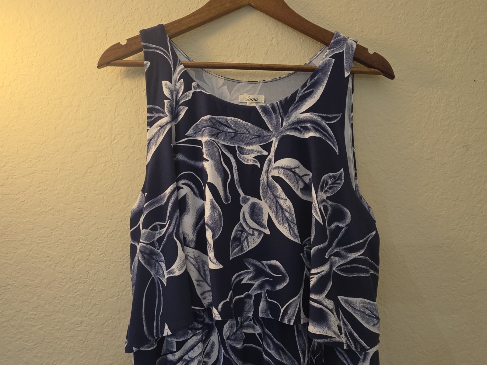 NWT Soma Dress Womens Medium Navy Blue Grey White Floral Tiered Asymmetrical Hem