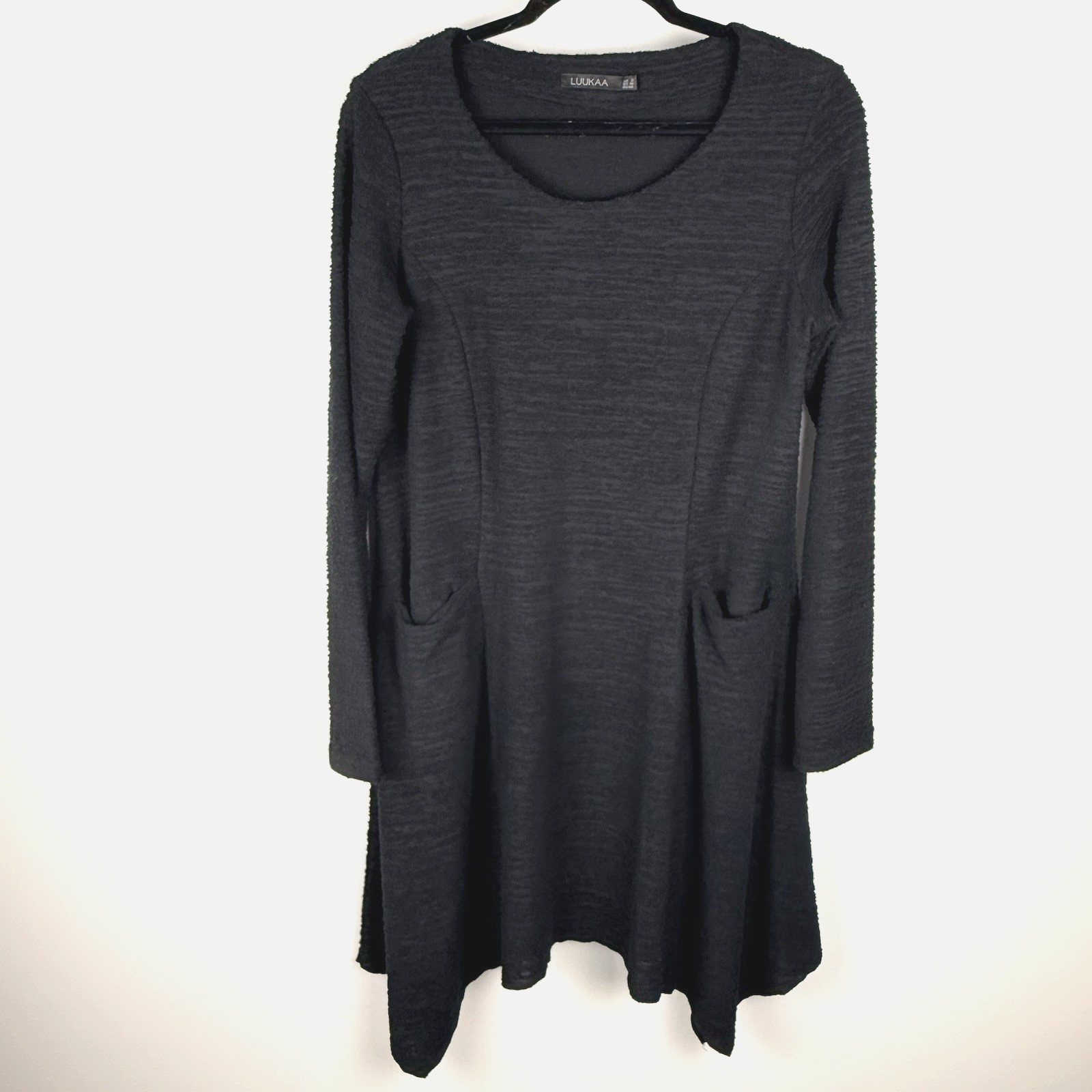 Luukaa Linen Blend Dress Black Asymmetric Lagenlook Textured Artsy Sz 2 S US6