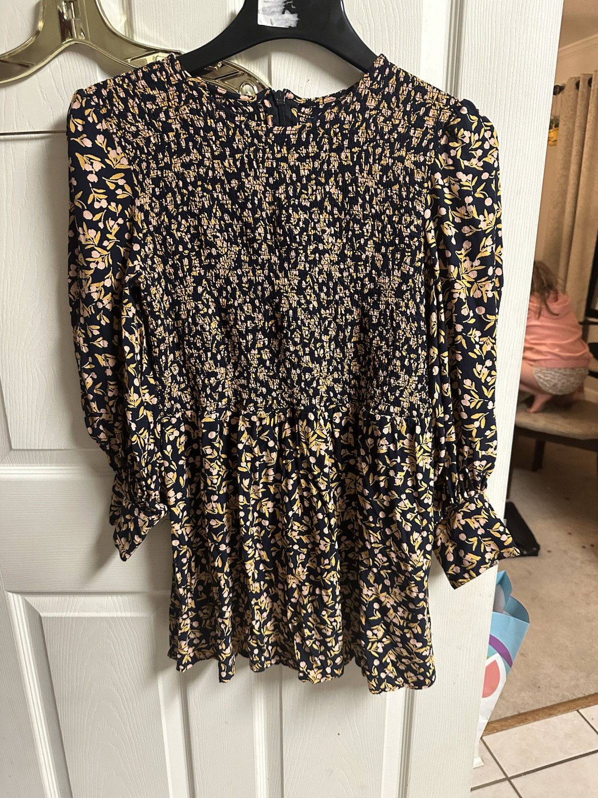 French Connection Floral Smocked Dress Tunic Black Gold Pink Baby Doll XL 16