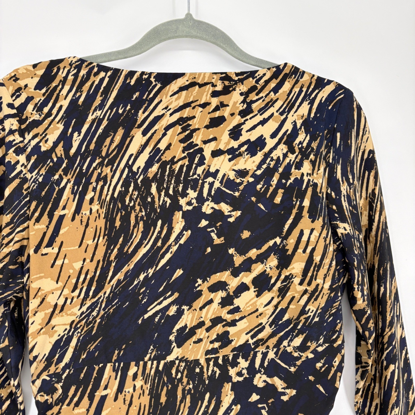 American Living Navy Blue Gold Abstract Print Ruched Faux Wrap Sheath Dress 10