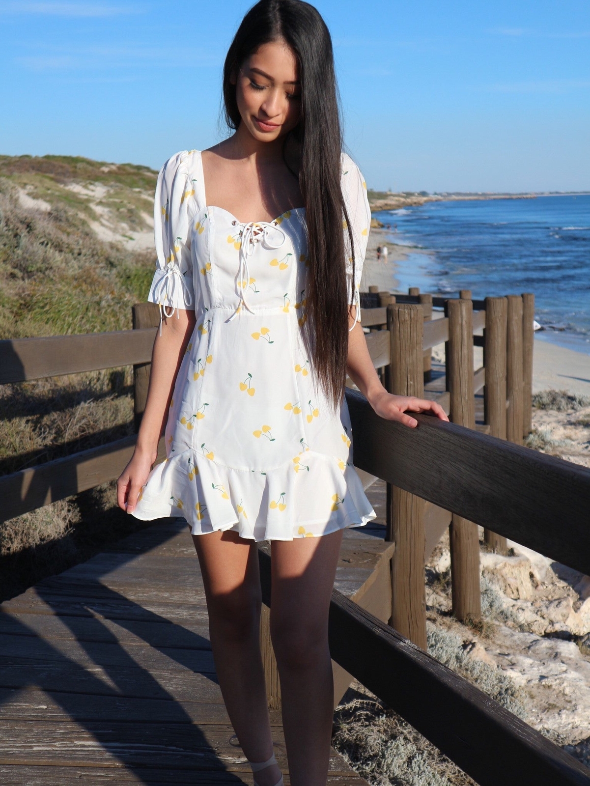 Women Petite Retro Lantern Sleeves Mini White Dress Yellow Cherry Print Romantic