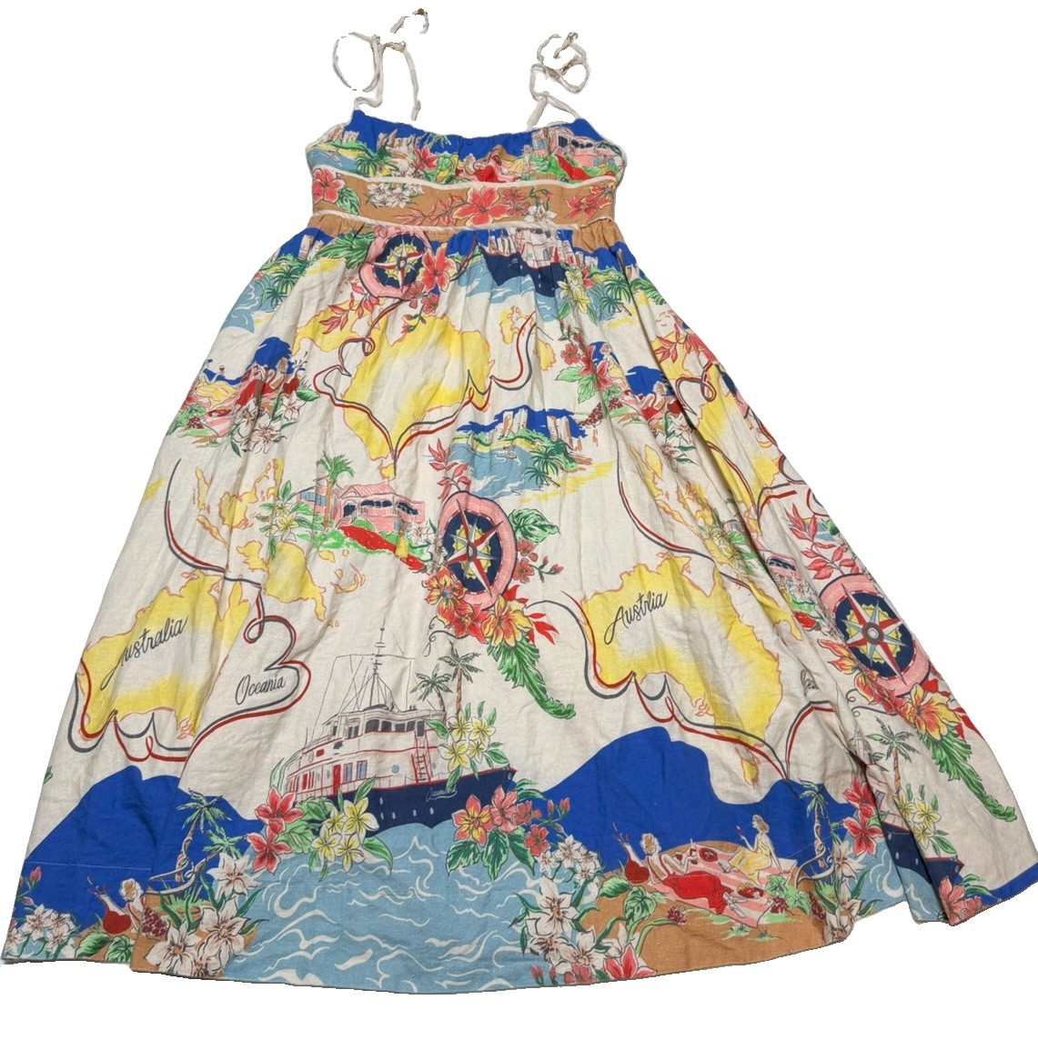 Christian Lacroix Euro M Summer Novelty Map Resort Picnic Midi Dress Boho