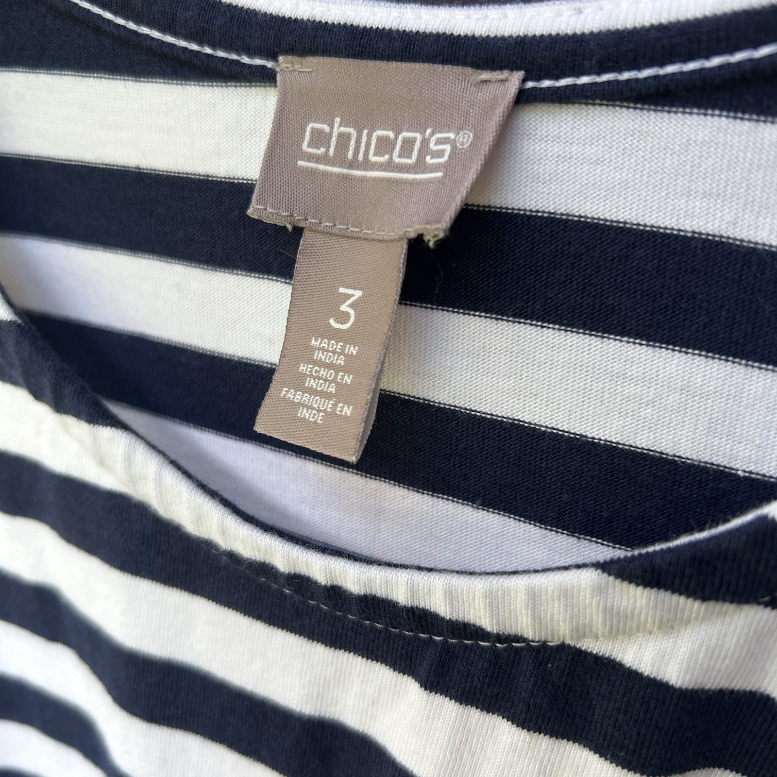 Chico’s Size 3 Navy Blue And White Cotton Blend Striped Sleeveless Sun Dress