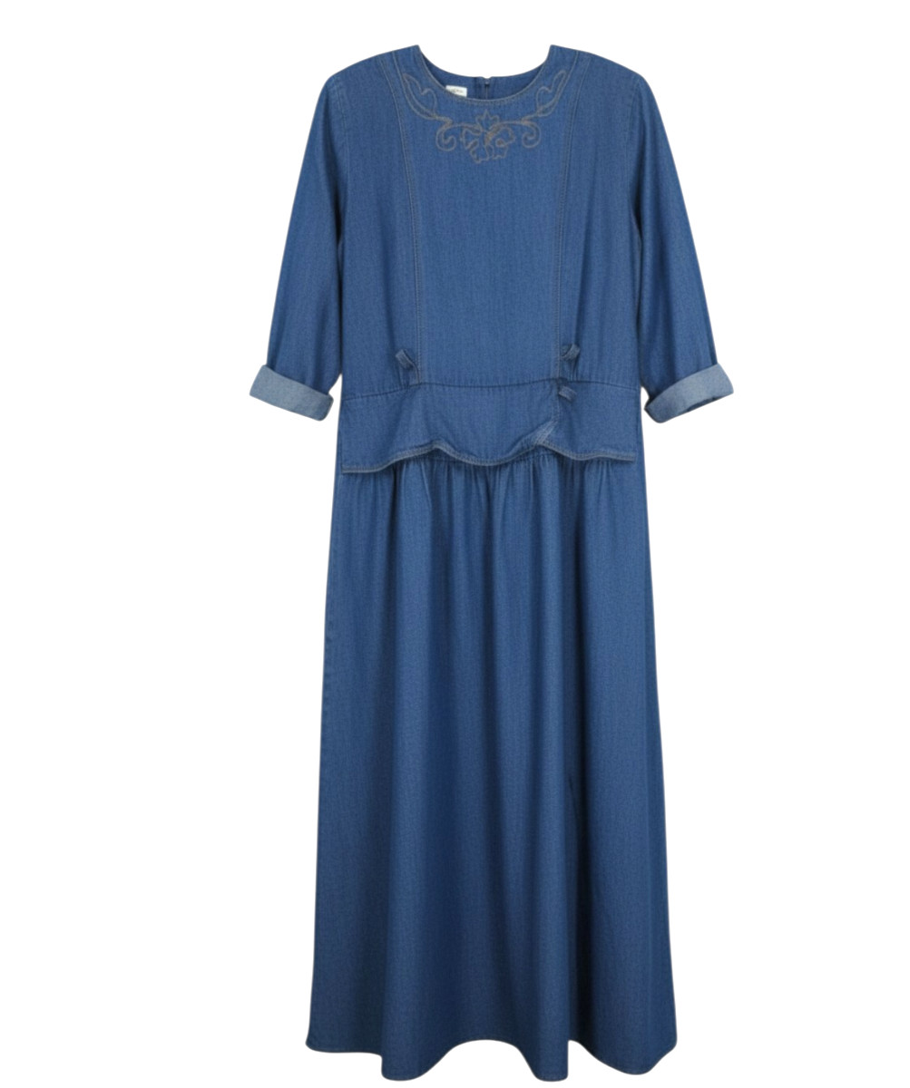 VTG NINA PICCALINO Denim EMBROIDERED TRIM Cuffed COTTAGECORE Jean Dress Sz L