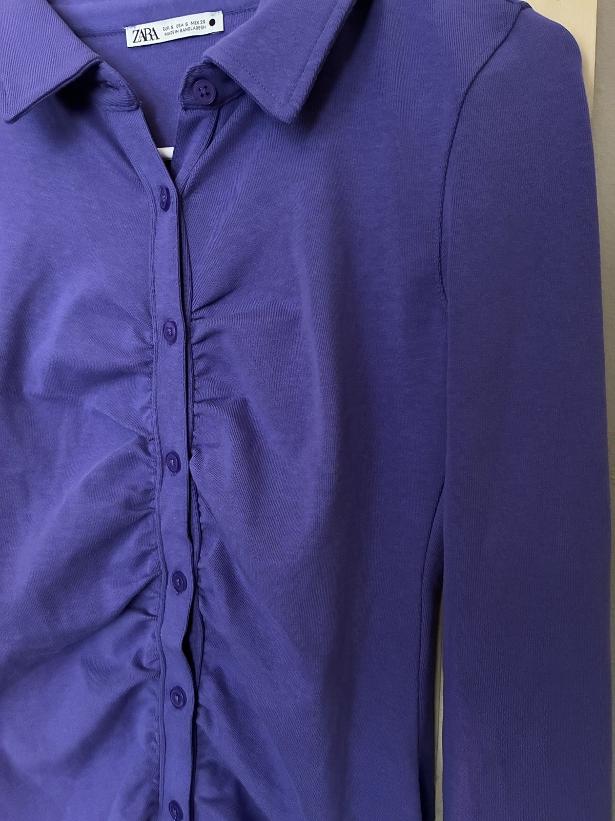 Zara Purple Collared Button-Front Ruched Long Sleeve Shirt Dress, S
