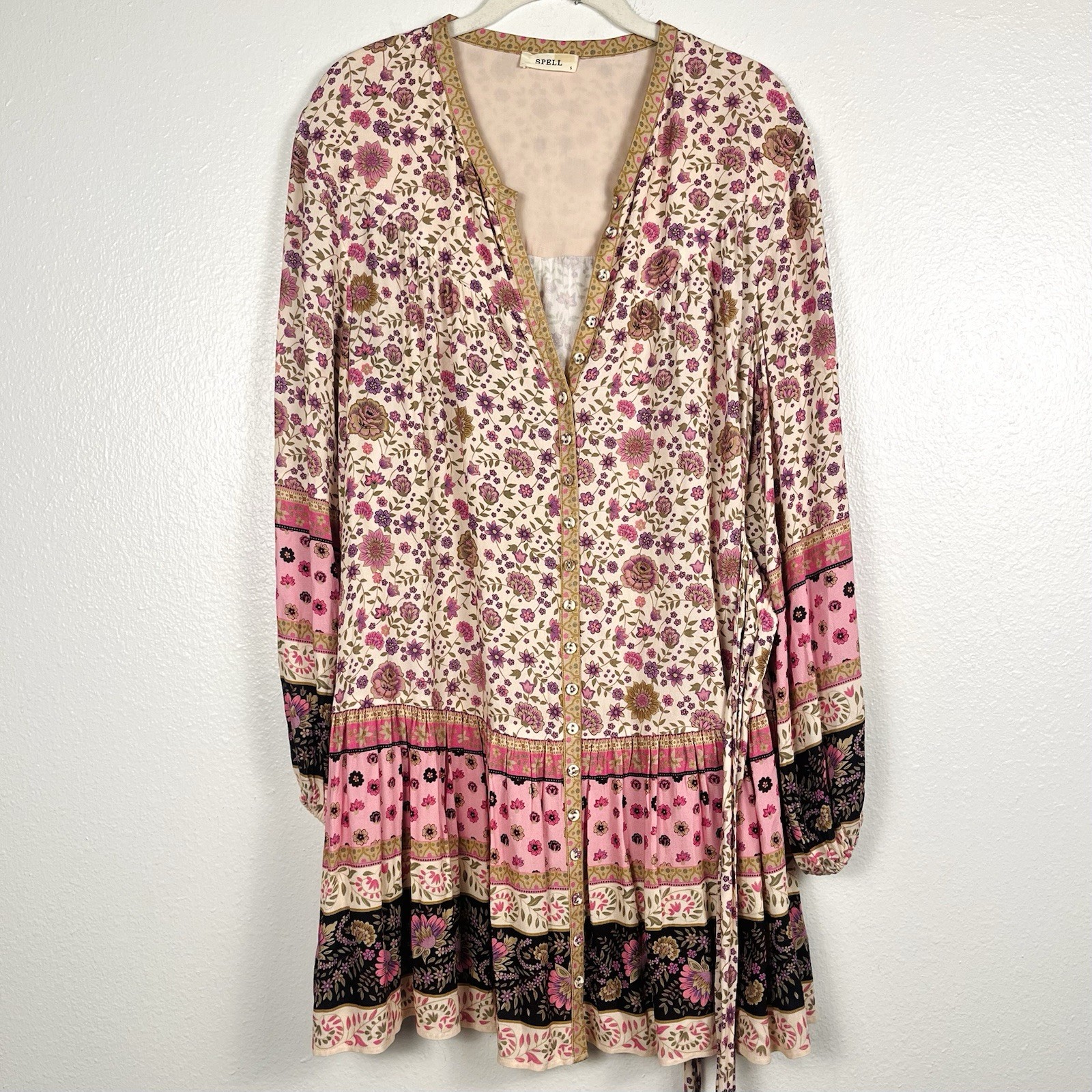 SPELL Small Lady Untamed Pink Floral Belted Long Sleeve Boho Mini Tunic Dress