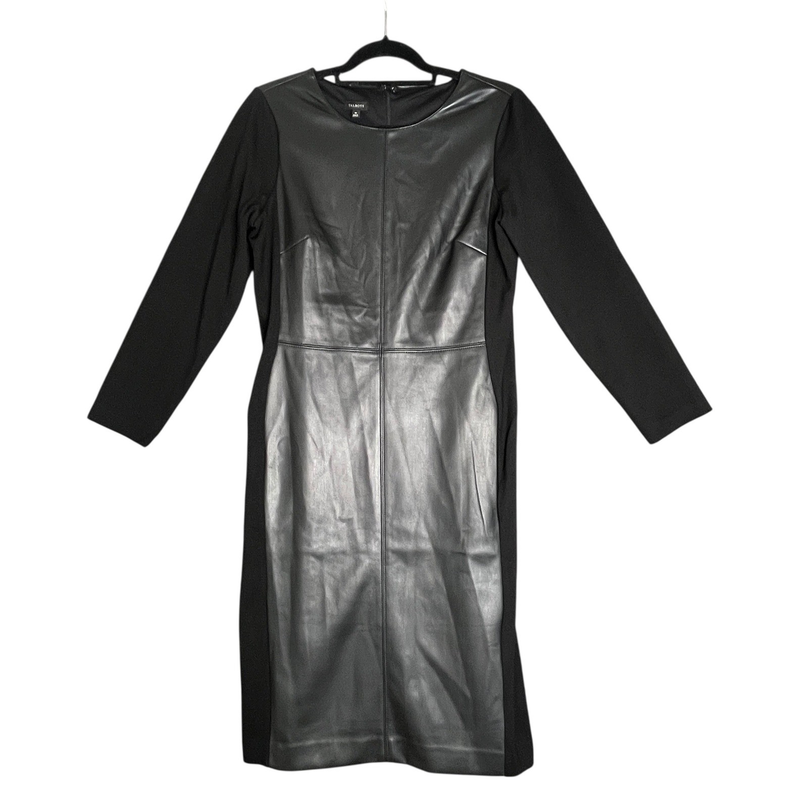 Talbots Black Faux Leather Ponte Sheath Dress Sz 10 Long Sleeve Edgy Modern Moto