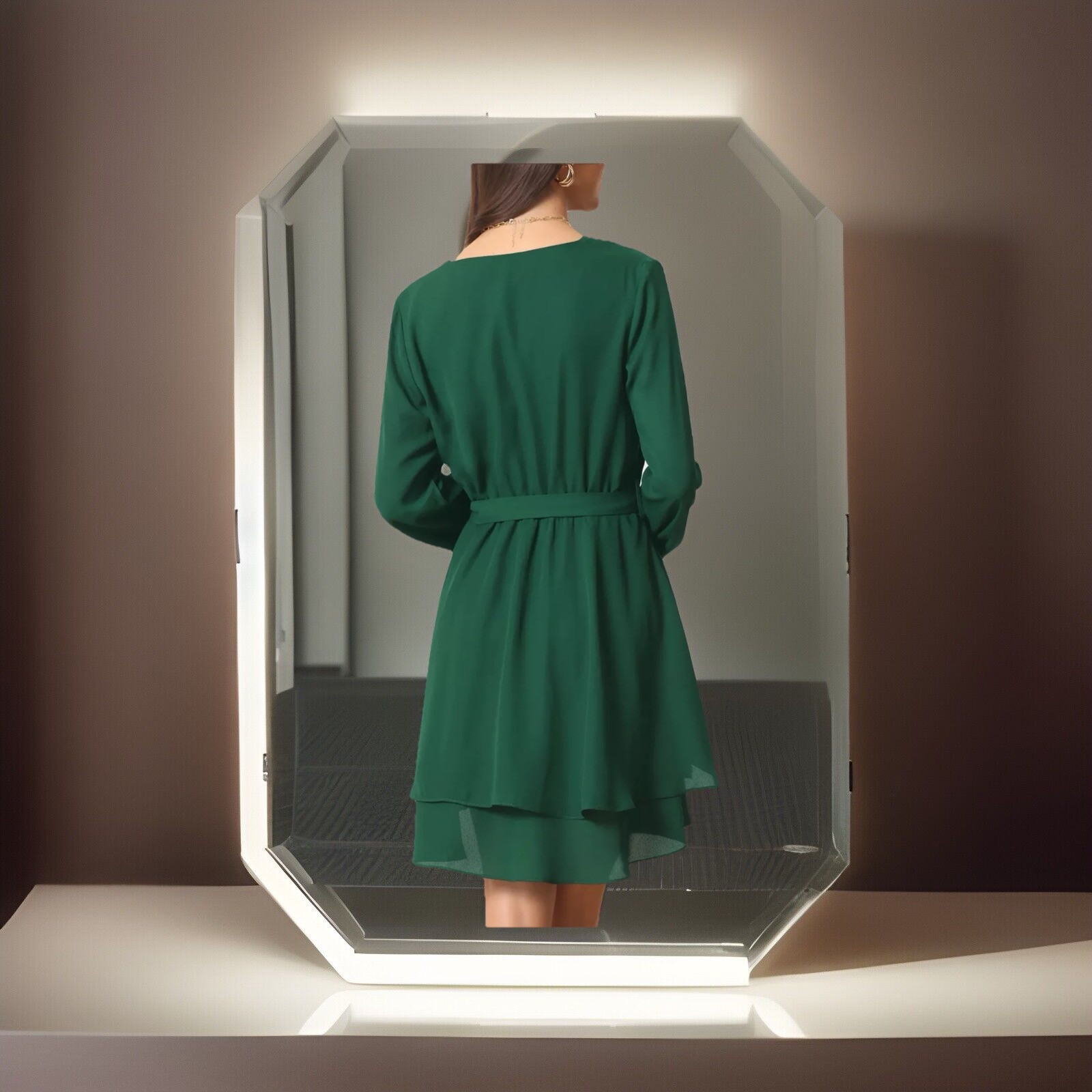 🍂✨ Elegant Emerald Wrap Dress 🌿 Long Sleeve Belted Mini – Size S✨🍂