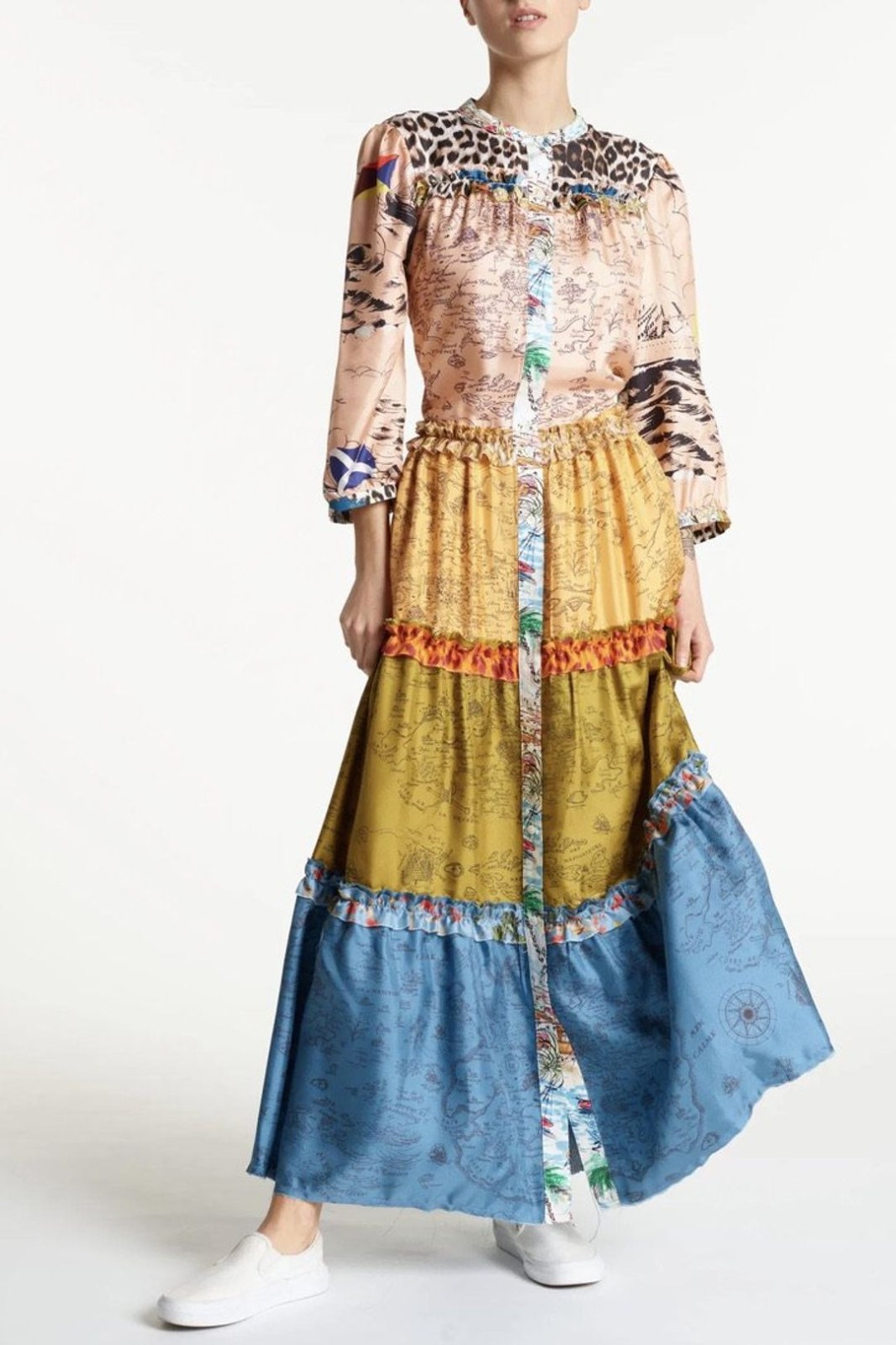 La Prestic Ouiston Flore Map Carte Silk Maxi Dress Tiered Patchwork Panther 0