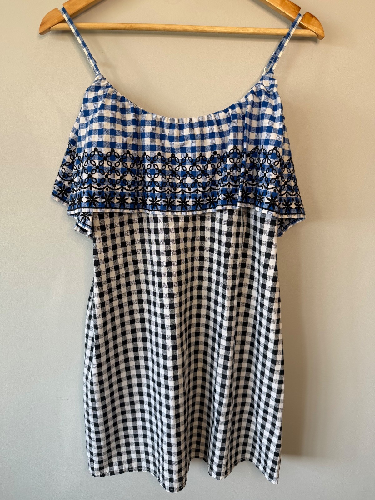 ASOS Blue Gingham Mini Dress Cotton Embroidered Ruffle UK 8
