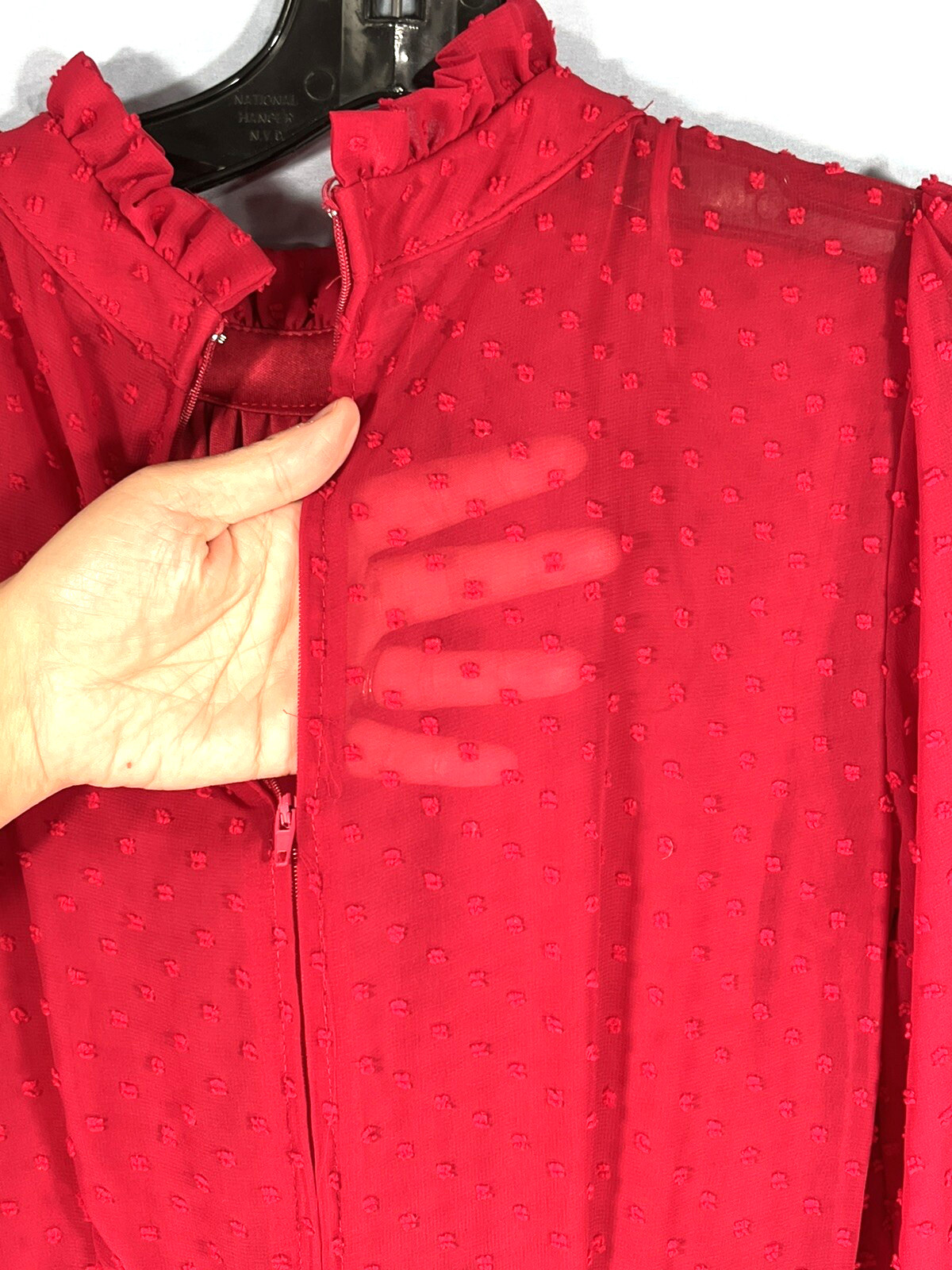 FRANCESCA’S Mi Ami RUBY RED Swiss Dot Chiffon SHEER BACK/SLEEVES Tiered Dress M