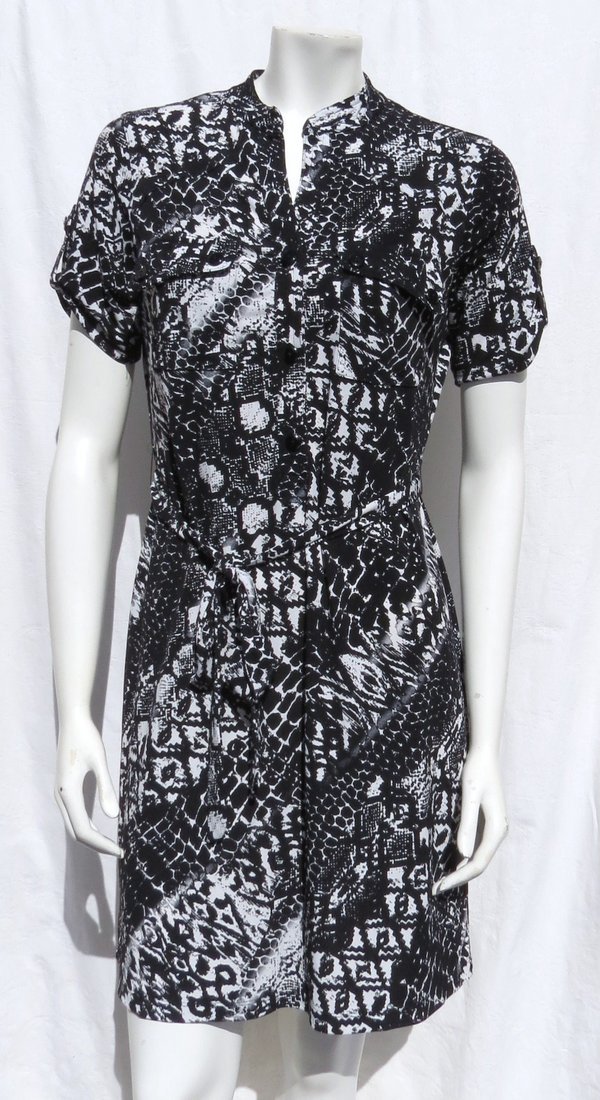 Saint Tropez West Black White Print Stretch Knit Shirt Tie Belt Dress size M 10