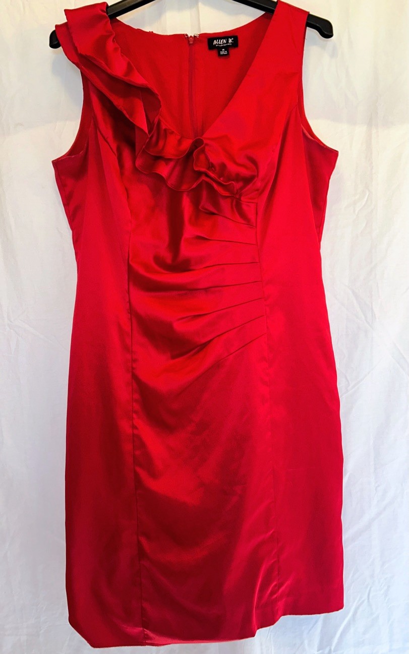 Allen B. Red Satin Sleeveless Ruched Mini Dress Ruffle Shoulder Event Size 14