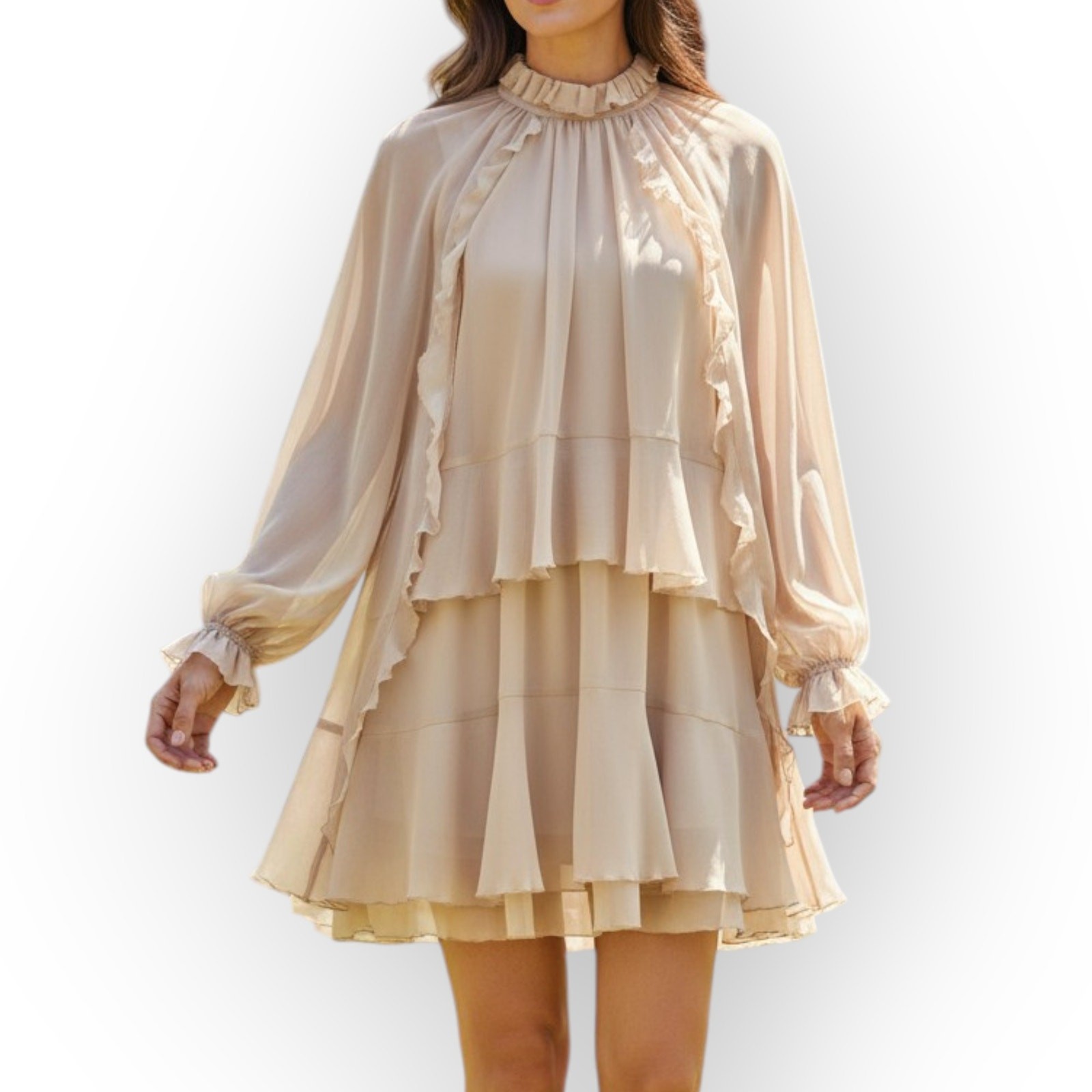 Commense Blush Semi-Sheer Chiffon Ruffle Mini Dress Cape Sleeve Overlay – Size L