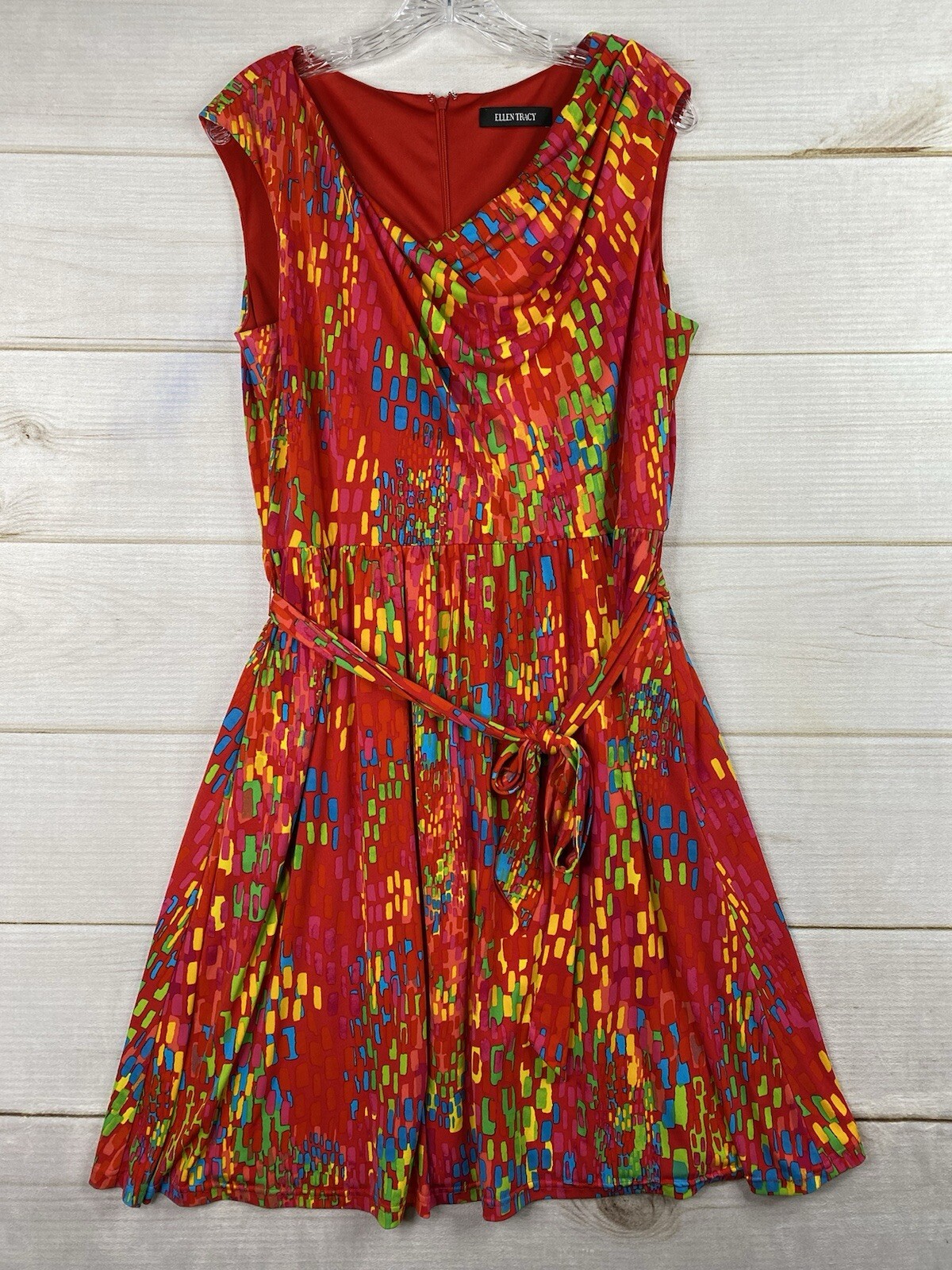 Ellen Tracy Womens Dress Sz S M Red Colorful Print Dress Lined Belted Stretch