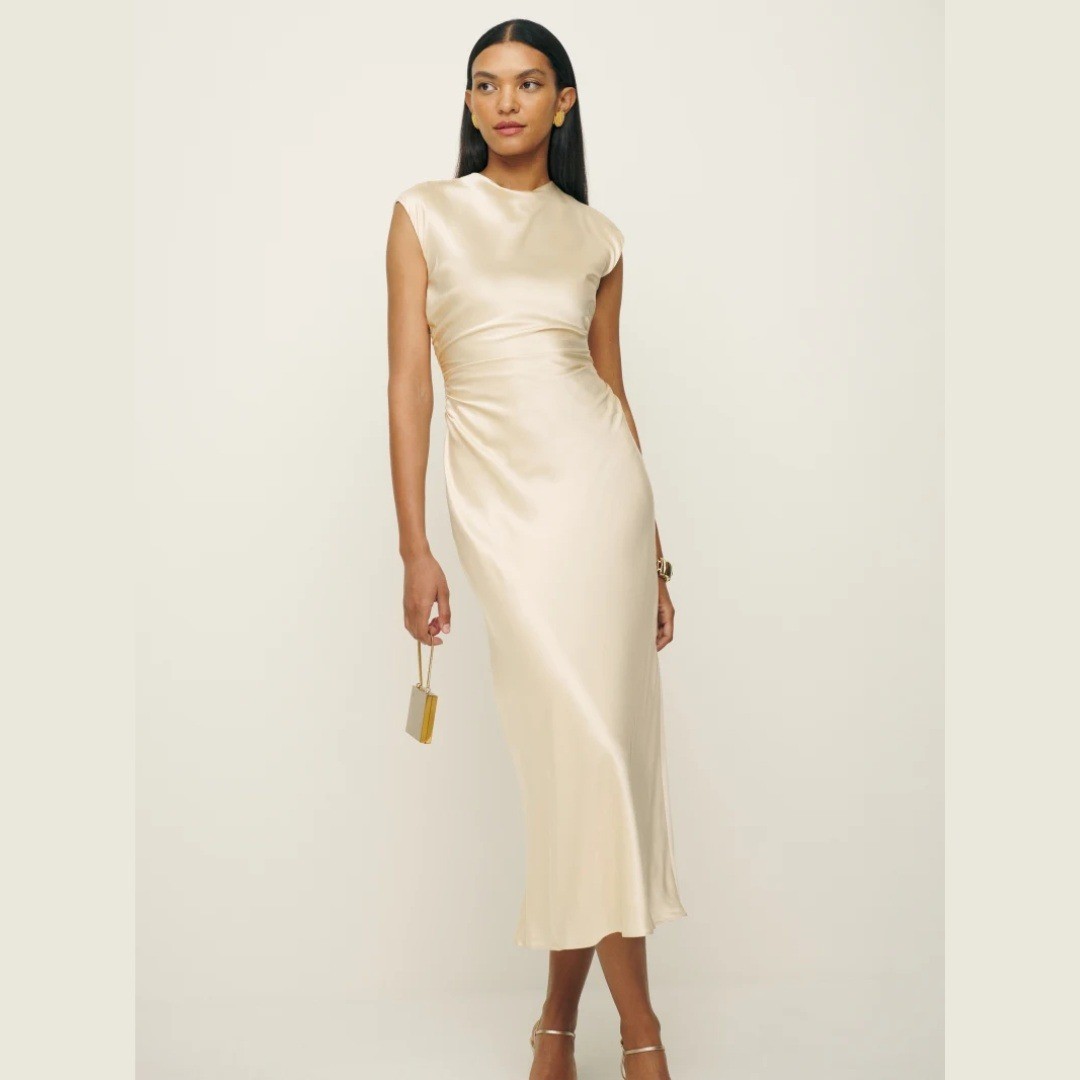 Reformation | Veida 100% Silk Midi Dress in Almond Ivory