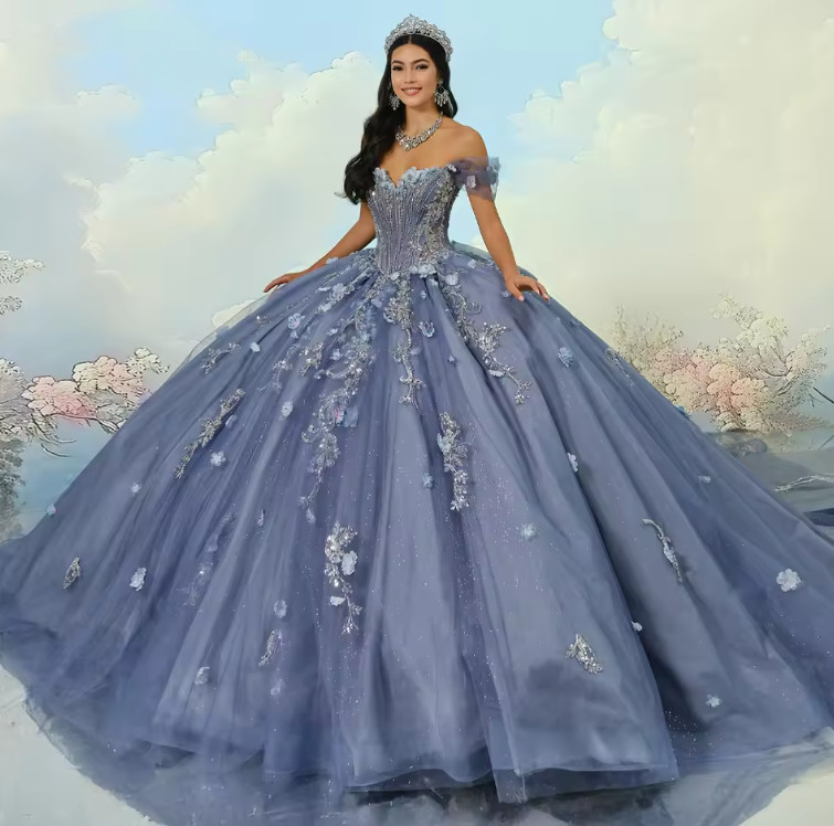 Off Shoulder Dusty Blue 3D Floral Glitter Quinceanera Ball Gown Train Dress