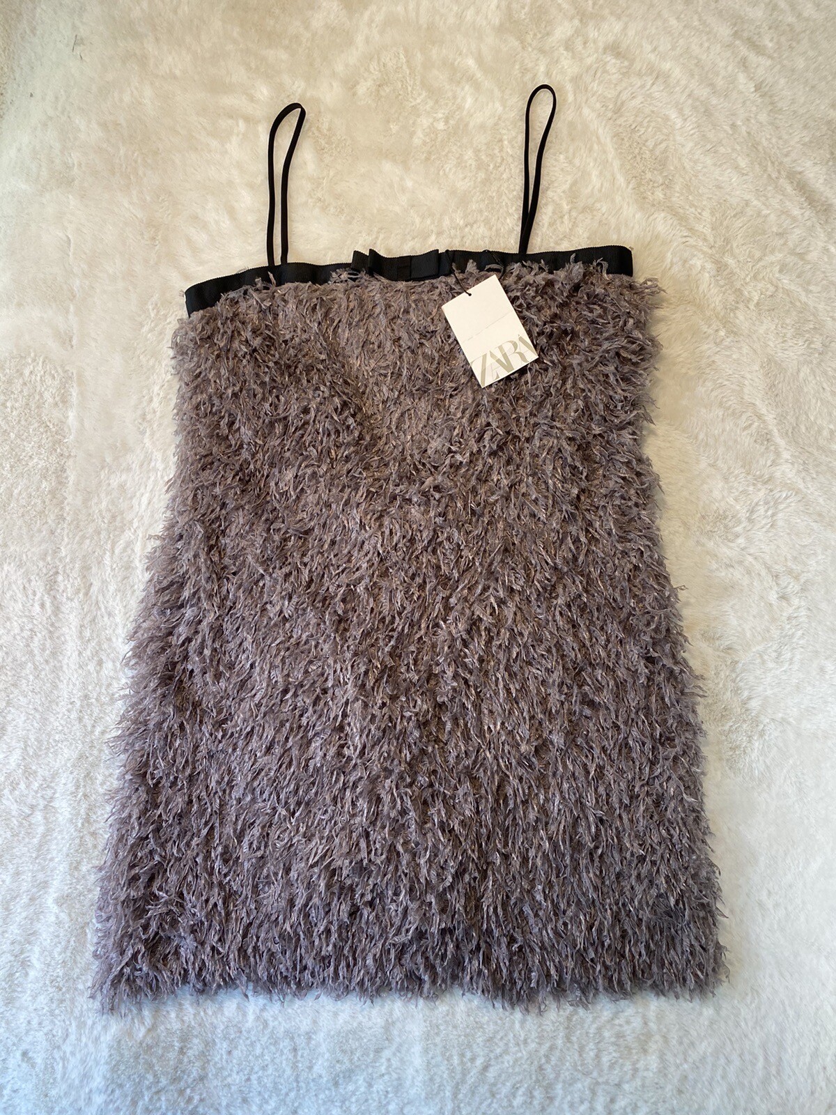 Zara Dress Womens M Purple Strapless Mini Fringe Cocktail Fuzzy Teddy Bear NEW