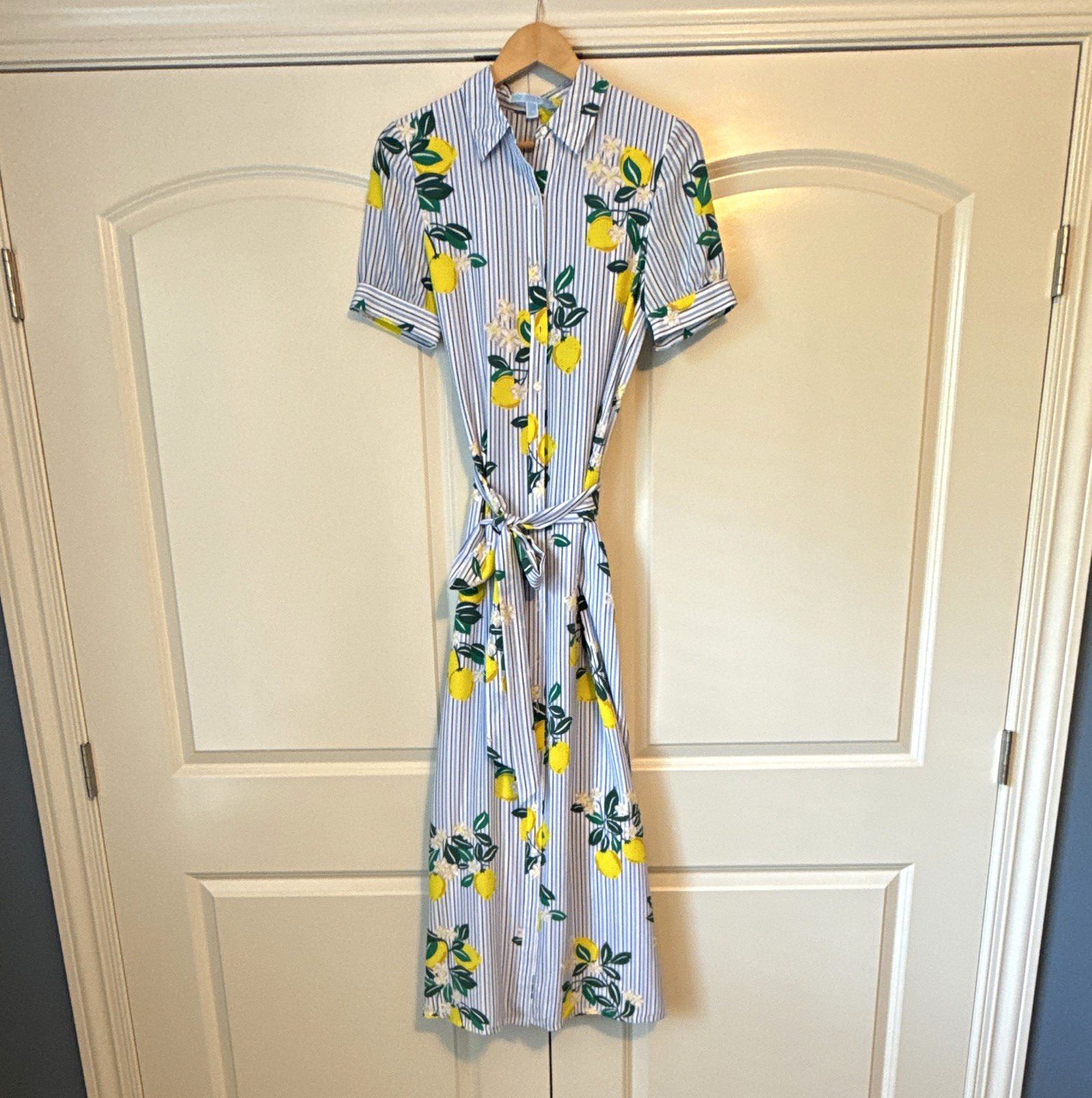 Draper James Shirt Dress Midi Size 6 Striped Lemon Button Front Belted