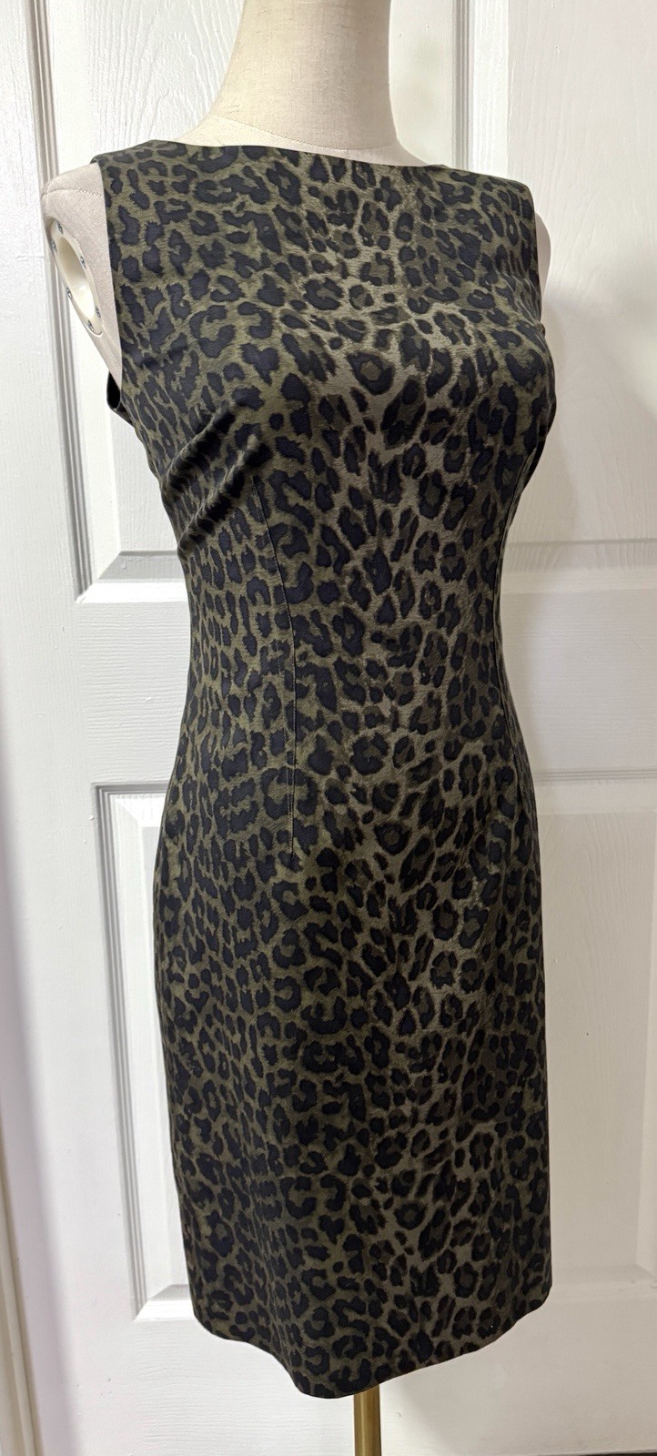6 Olive Green Black Leopard Print Shift Pencil Dress Stretch Tank Cotton Blend