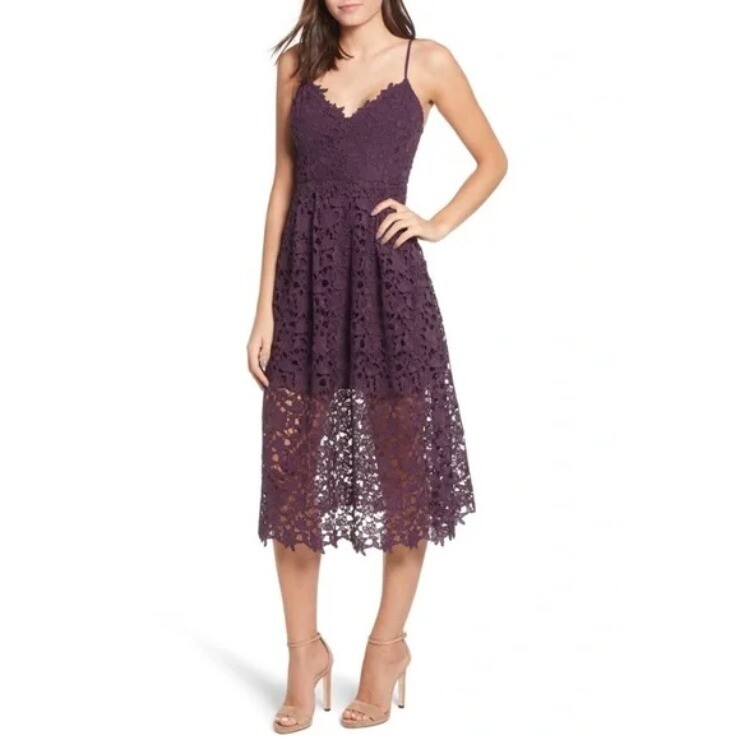 ASTR the Label Revolve Lace Midi Dress Med Eggplant Purple Adjustable Straps