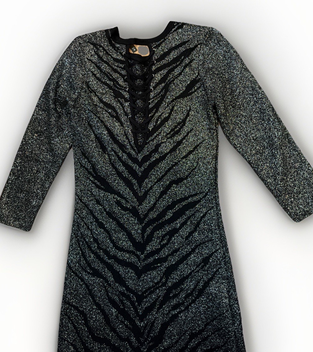 Express Womens Sweater Bodycon Dress Long Sleeve Black/Silver Glitter Medium