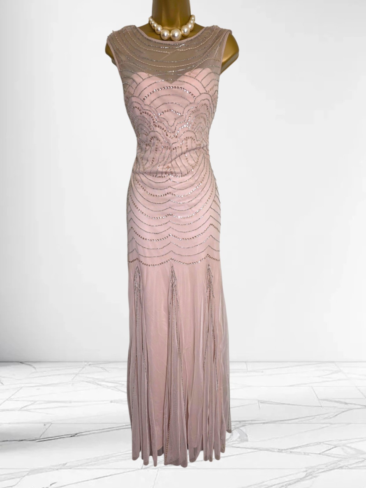 Monsoon Elizabeth Maxi floor length dress Dusky Pink Size 12 Sequin beads 20s