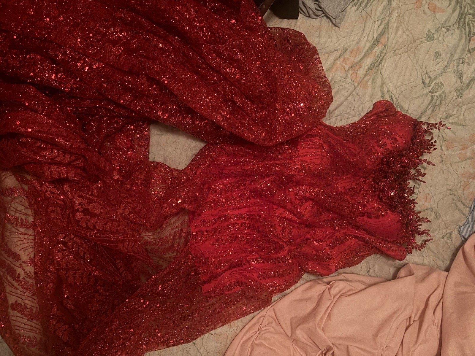 Cairis Red Lace Beaded Sequin Glitter Sweetheart Long Formal wit detachable veil