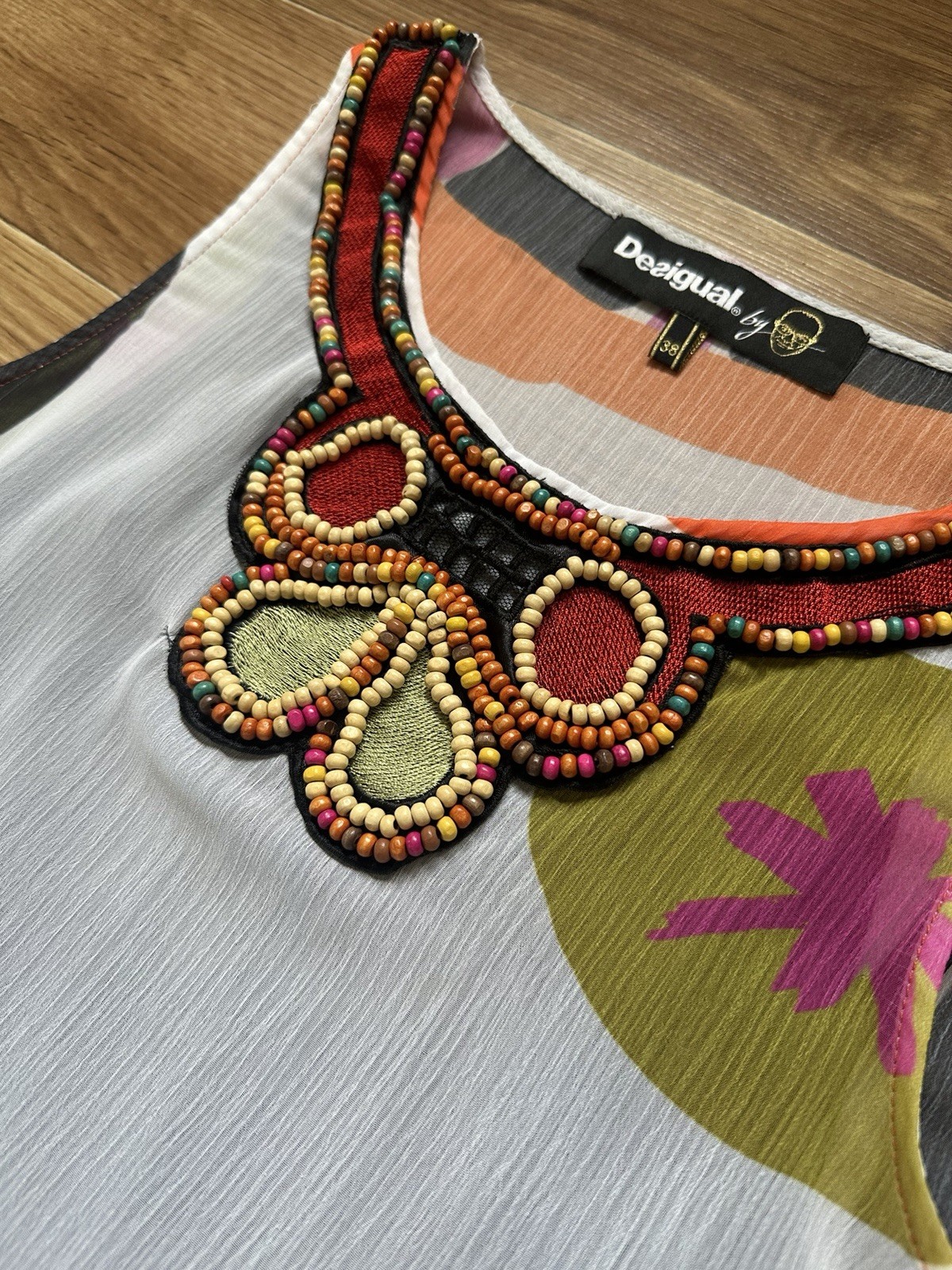 Desigual Vibrant Abstract Print Beaded Trapeze Mini Dress Sheer Overlay Women’s