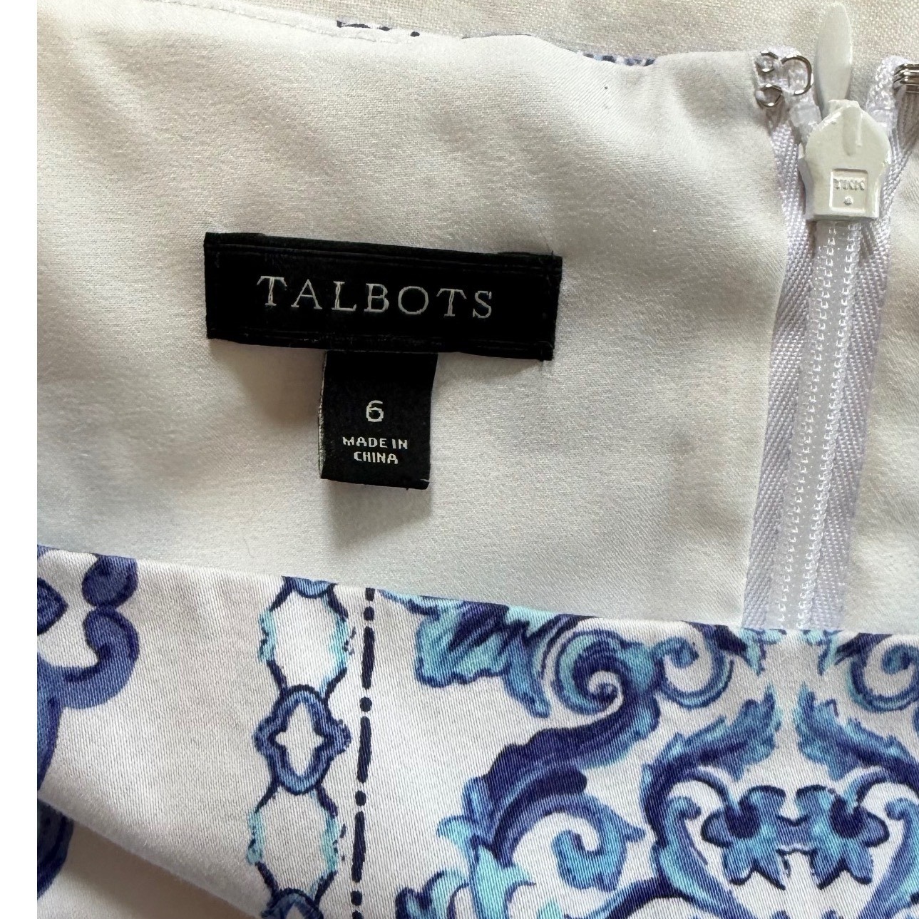 Talbots Blue White Tile Print Fit & Flare Dress Sleeveless Pockets Size 6